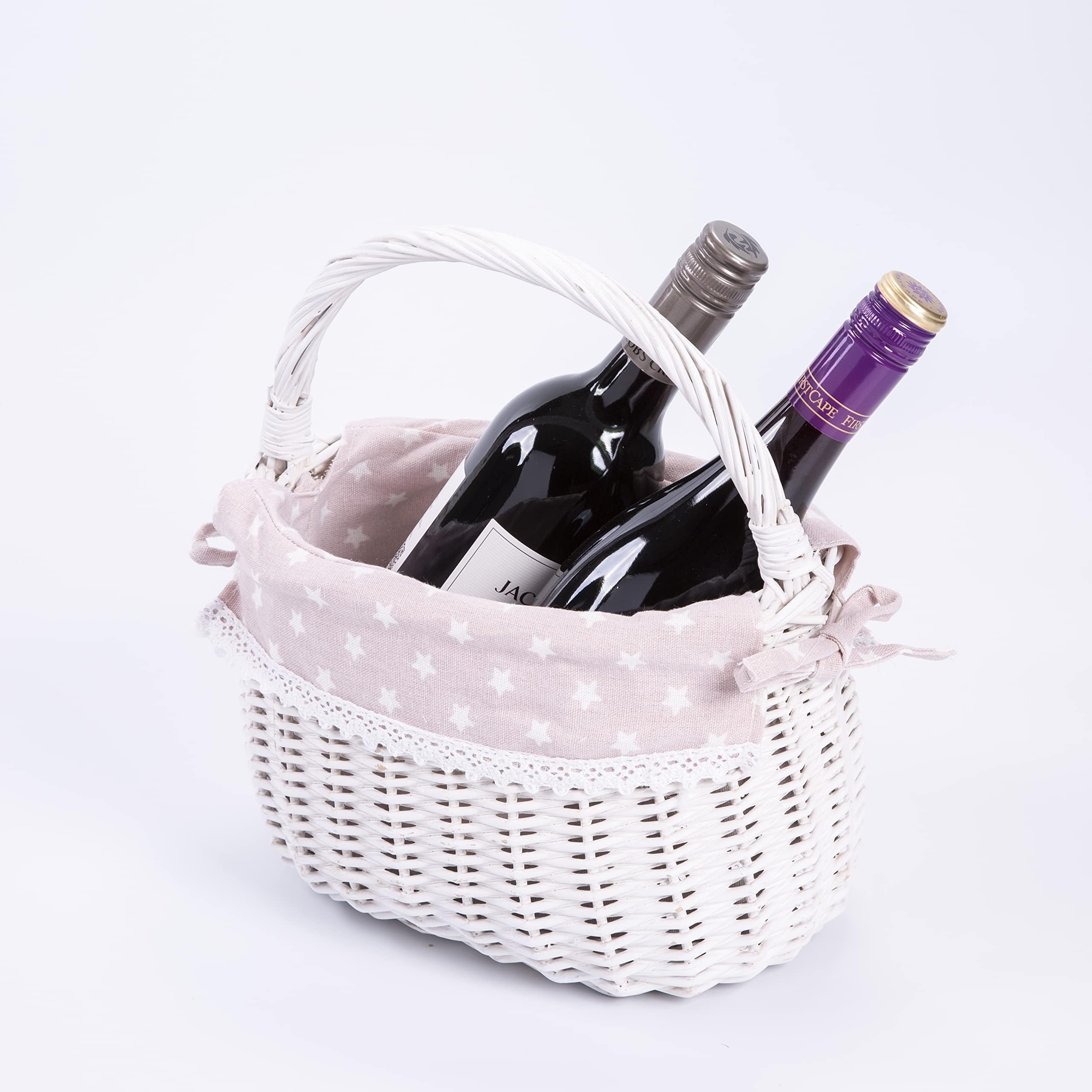 Handbag Shaped High Handle Wicker Shopping Baskets collection Gift Hamper Fabric (White)