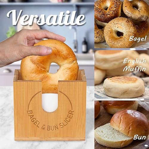 Miniatura 5 de Soporte grande ajustable para cortar bagel Soporte de corte de bagel de bambú con ranuras ajustables de ancho para bagels pequeños y grandes,