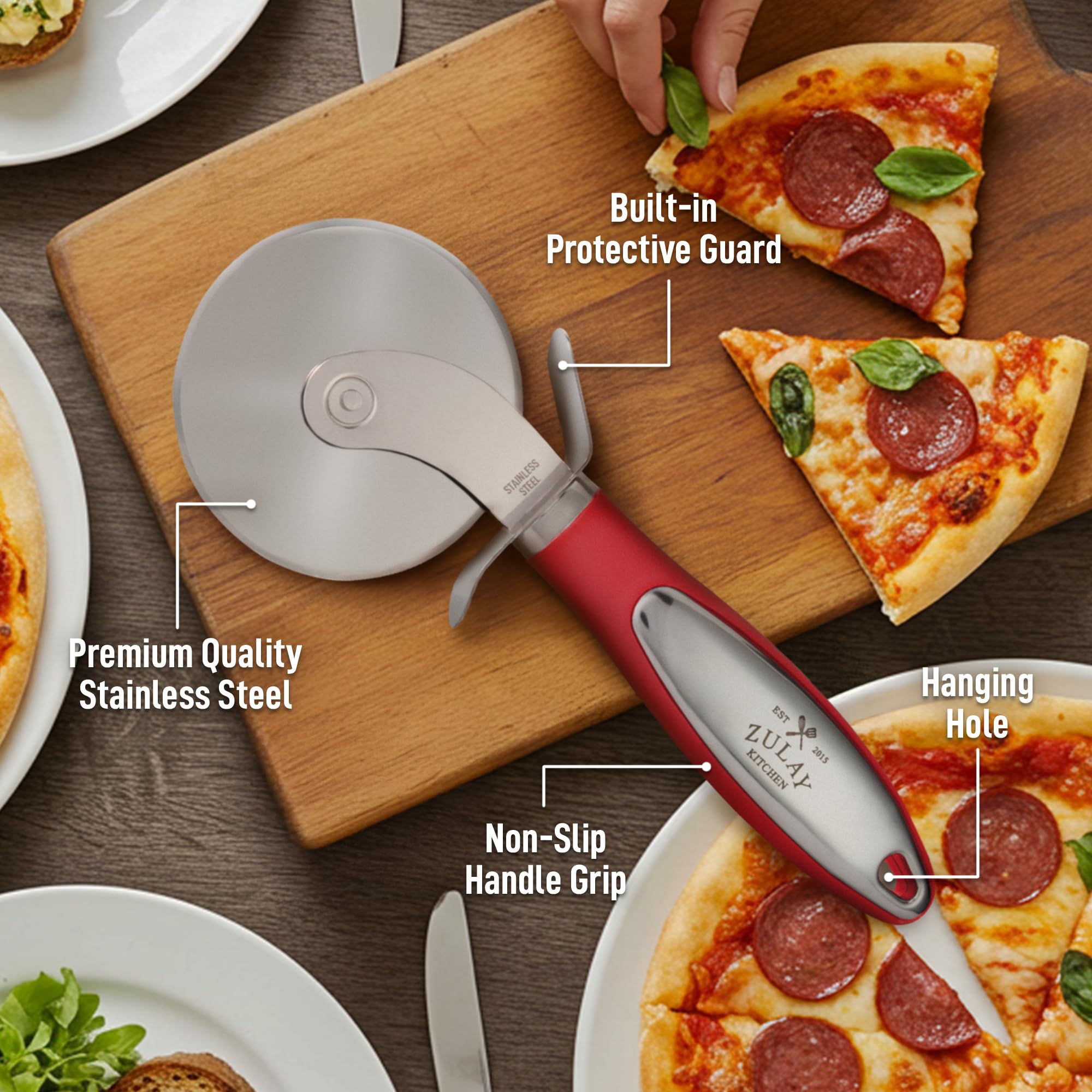 Zulay Kitchen Gran rueda para cortar pizza, cortador de pizza de acero inoxidable premium, fácil de limpiar y cortar, rueda para pizza, súper afilado, mango antideslizante y apto para lavavajillas,