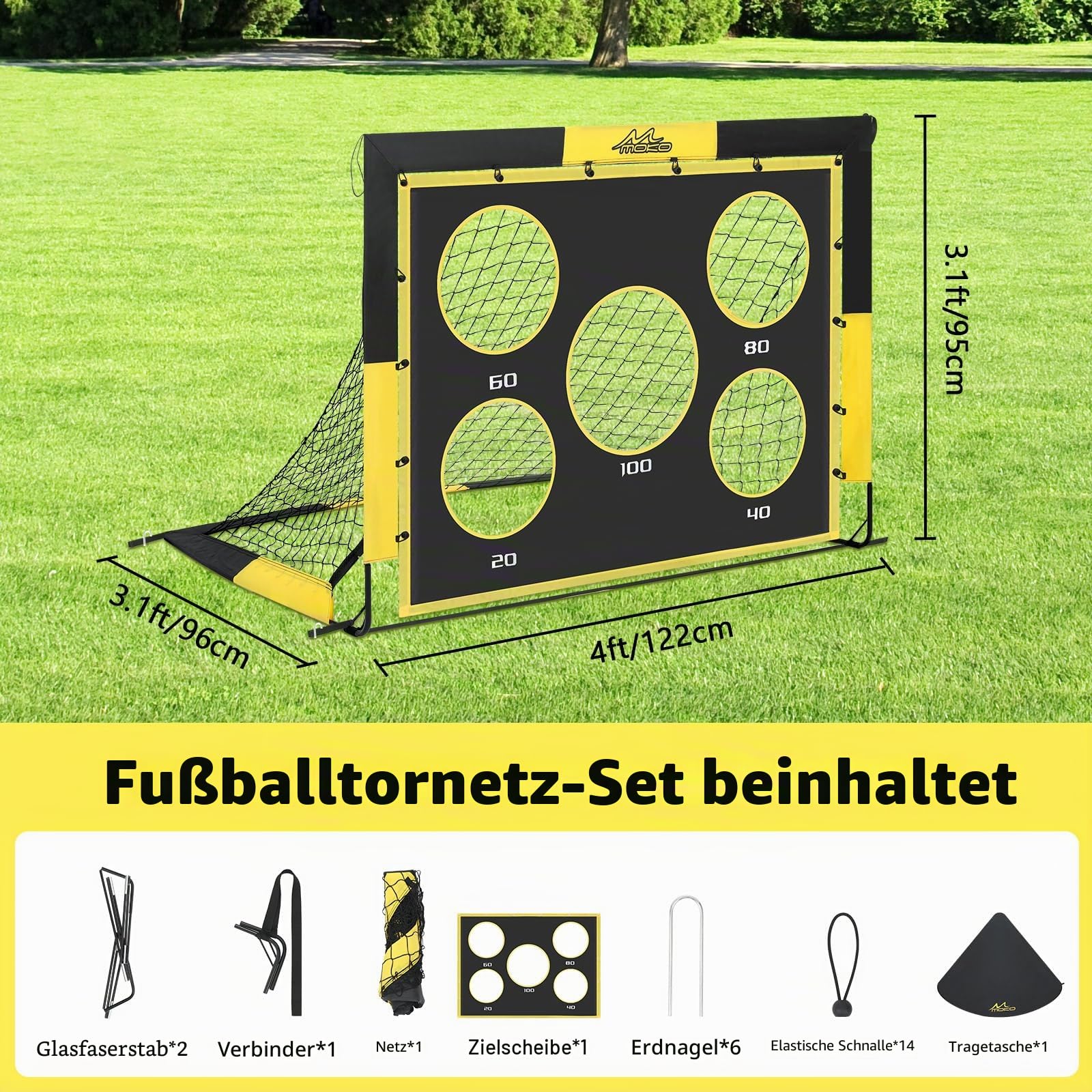 MoKo Fußballtore für den Garten, Großes Pop-up-Tornetz mit Zieltafel, Tragbare Fußballtrainingsausrüstung für Kinder zum Üben, Outdoor-Sportspiel