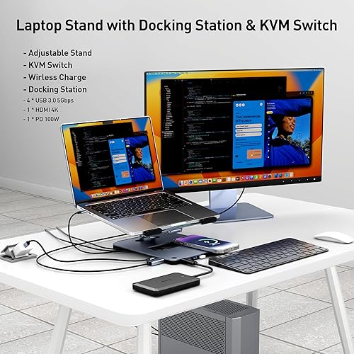 Miniatura 2 de BENFEI Soporte para laptop con estación de acoplamiento USB C 6 en 1, cargador inalámbrico magnético de 15 W, interruptor KVM USB 3.0, HDMI 4K a