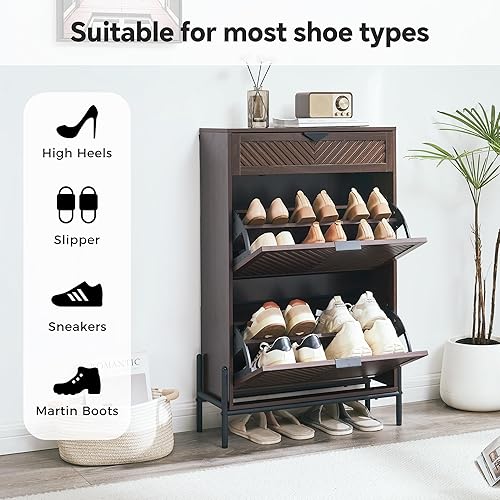 Vista 17 de HUSHEDIFY Armario de almacenamiento para zapatos con 2 cajones abatibles, organizador de zapatos estrecho oculto para entrada, zapatero delgado