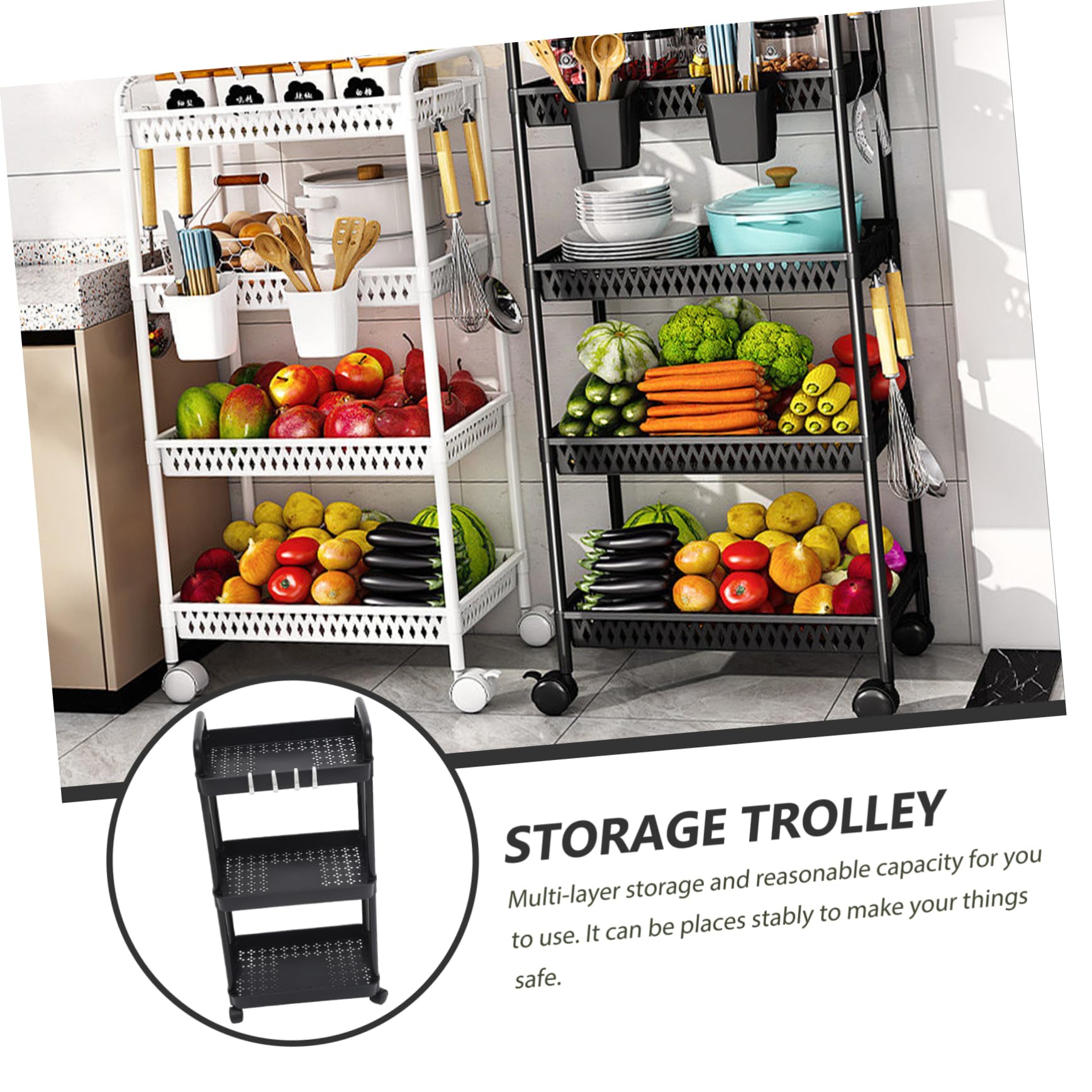 Happyyami Organizador Multiusos de PP Fácil Almacenamiento para Cocina, Baño y Oficina Carrito de Almacenamiento Rodante de 3 Capas Ruedas y Diseño Compacto
