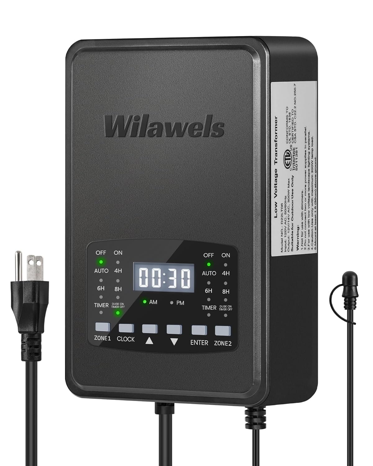 300W Low Voltage Landscape Transformer, 2 Zone Independent Control, Landscape Lighting Transformer, 120V AC to 12/14V AC, Low Voltage Transformer with Timer and Photocell Sensor, ETL Listed