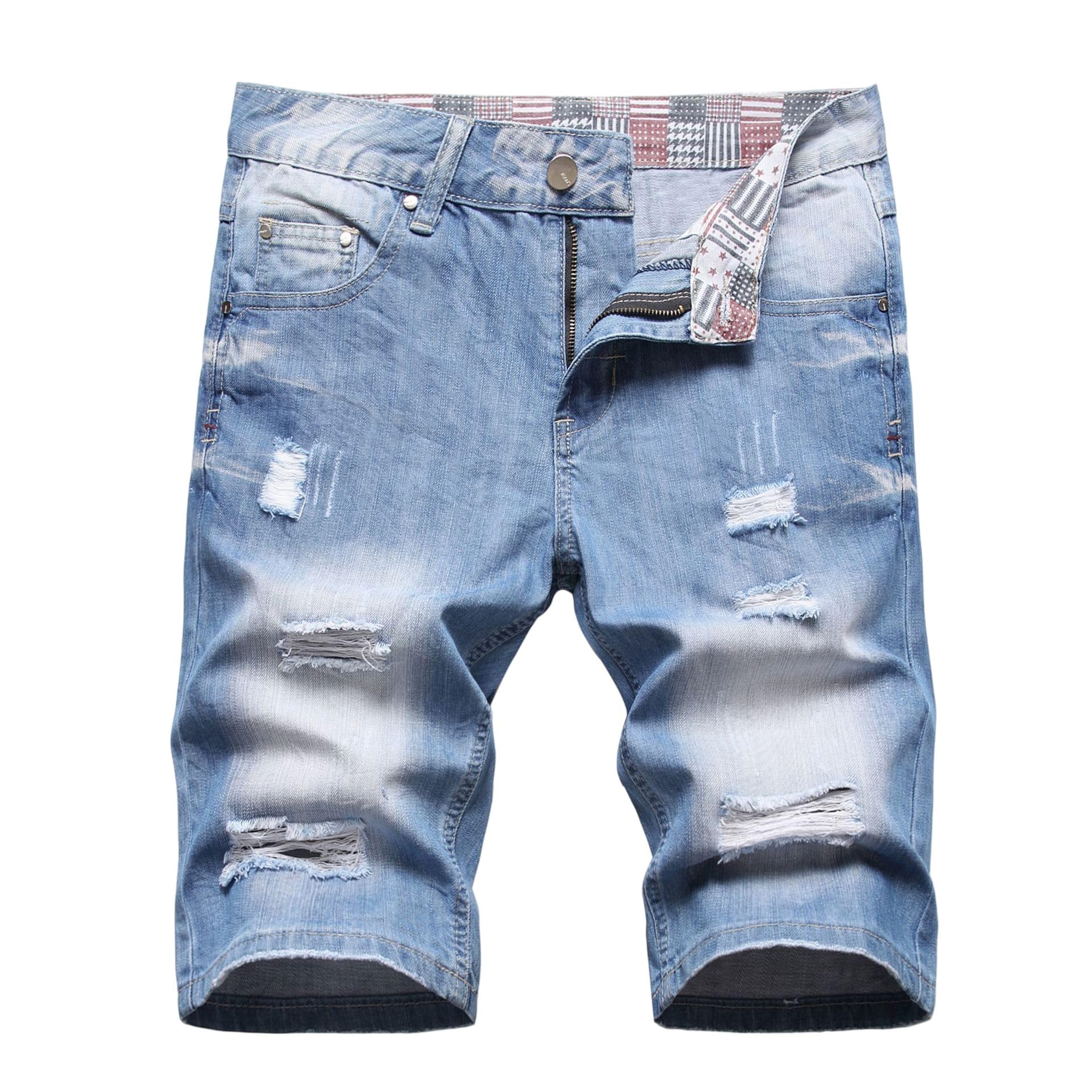 Pantalones cortos de mezclilla ligeros para hombre, ajuste recto, no elásticos, hasta la rodilla, pantalones cortos casuales