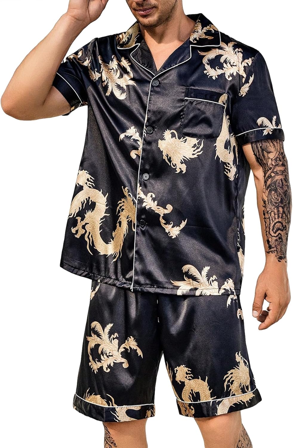 WDIRARA Men's Extended Size Sleepwear Dragon Print Short Sleeve Button Front Shirt and Shorts Satin Pajama Set