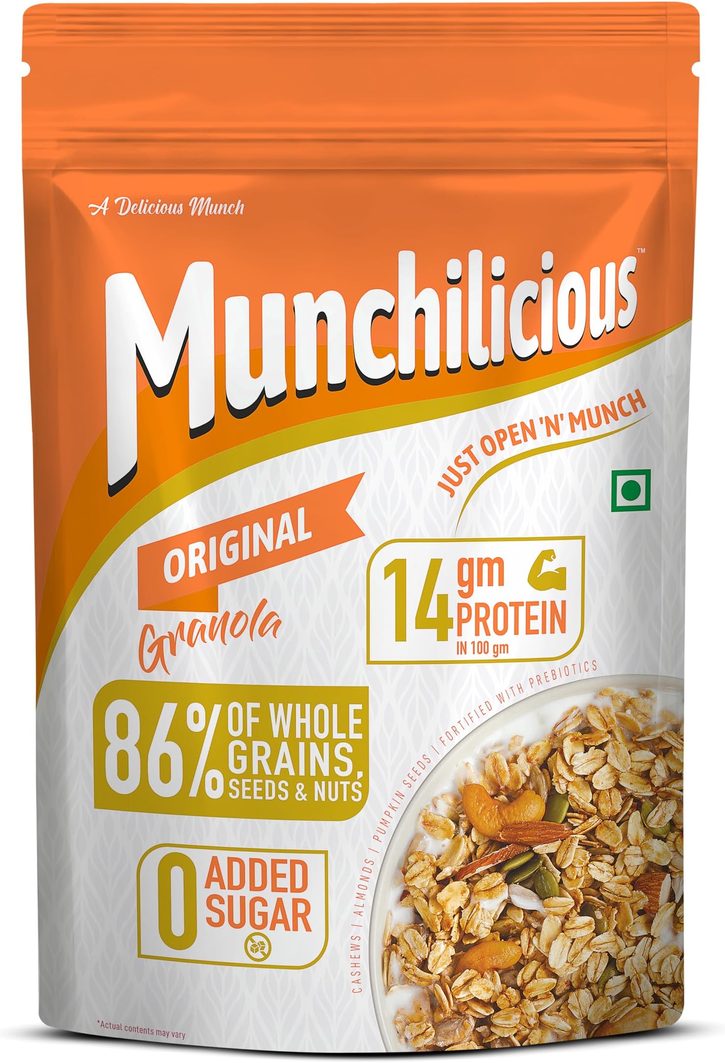 Munchilicious Granola - Original, 400g | 80% Seeds & Whole Grains | Crunchy Roasted Cereal | High Protein & Fiber | Cholesterol Free | Trans Fat Free | Healthy Ready-to-Eat Breakfast Snack