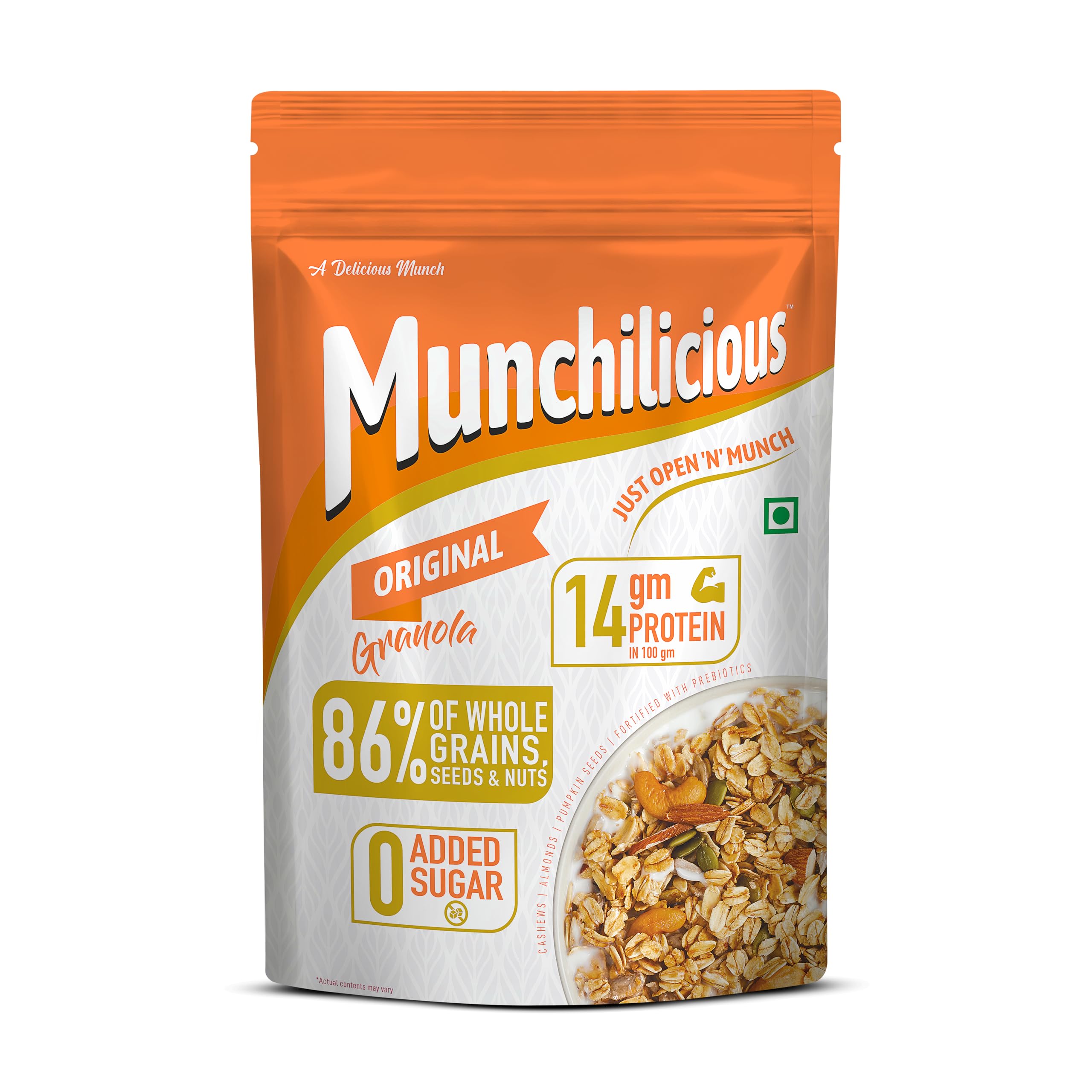 Munchilicious Granola - Original, 350g | 80% Seeds & Whole Grains | Crunchy Roasted Cereal | High Protein & Fiber | Cholesterol Free | Trans Fat Free | Healthy Ready-to-Eat Breakfast Snack
