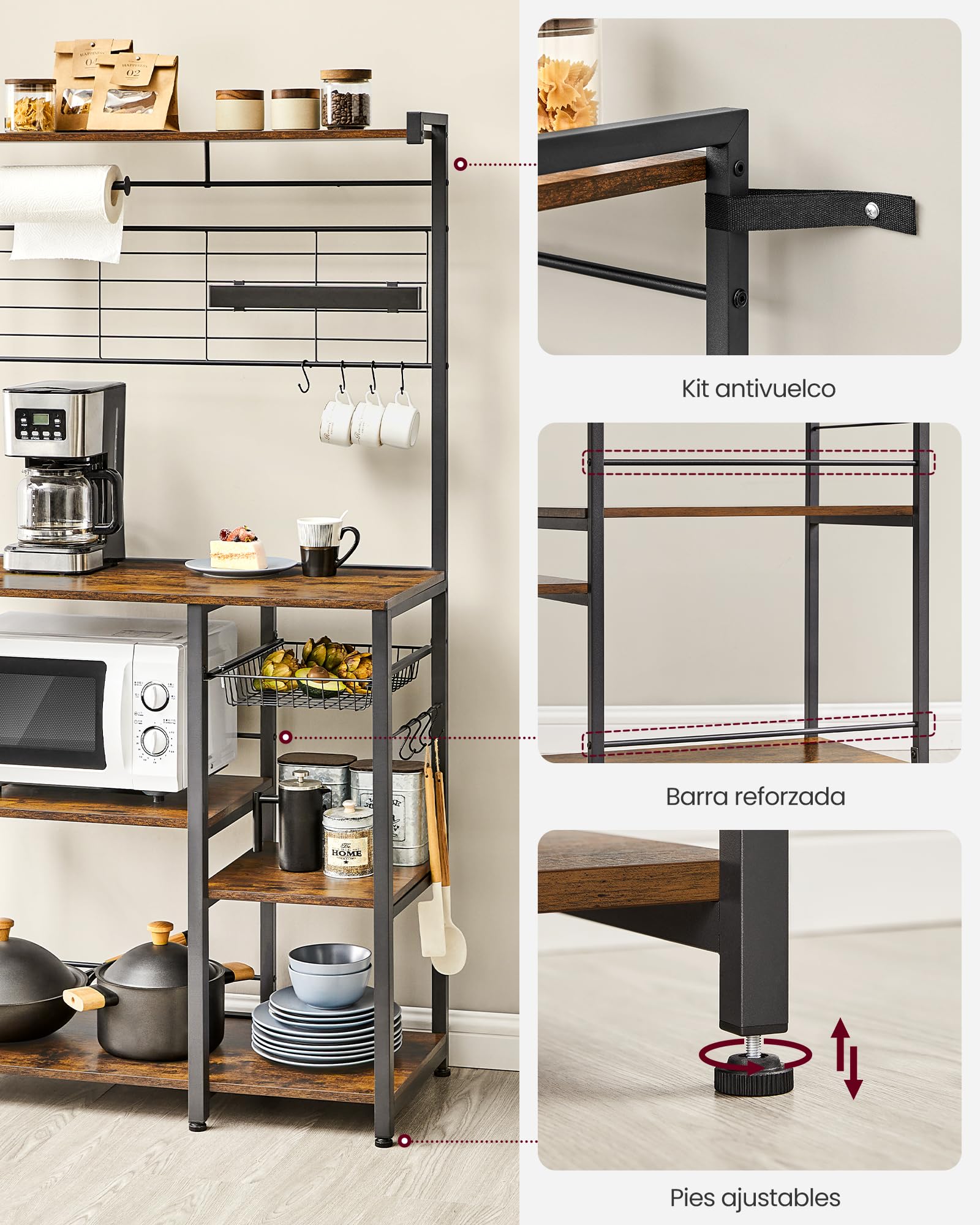 VASAGLE Estantería de Cocina, Soporte para Panadería, Isla de Cocina con Tira Magnética de Cuchillo, Cesta de Alambre, Soporte de Papel, 12 Ganchos, Marrón Rústico y Negro KKS026B01