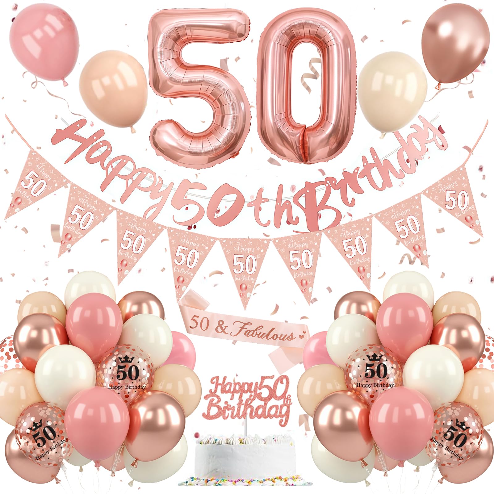 Balloon 50th Birthday Decoration Rose Gold, 50th Birthday Decoration Set Pink White, 50th Birthday Decorations, Number 50 Balloons with Banner Cake Topper for Women, 50th Birthday Party Decoration