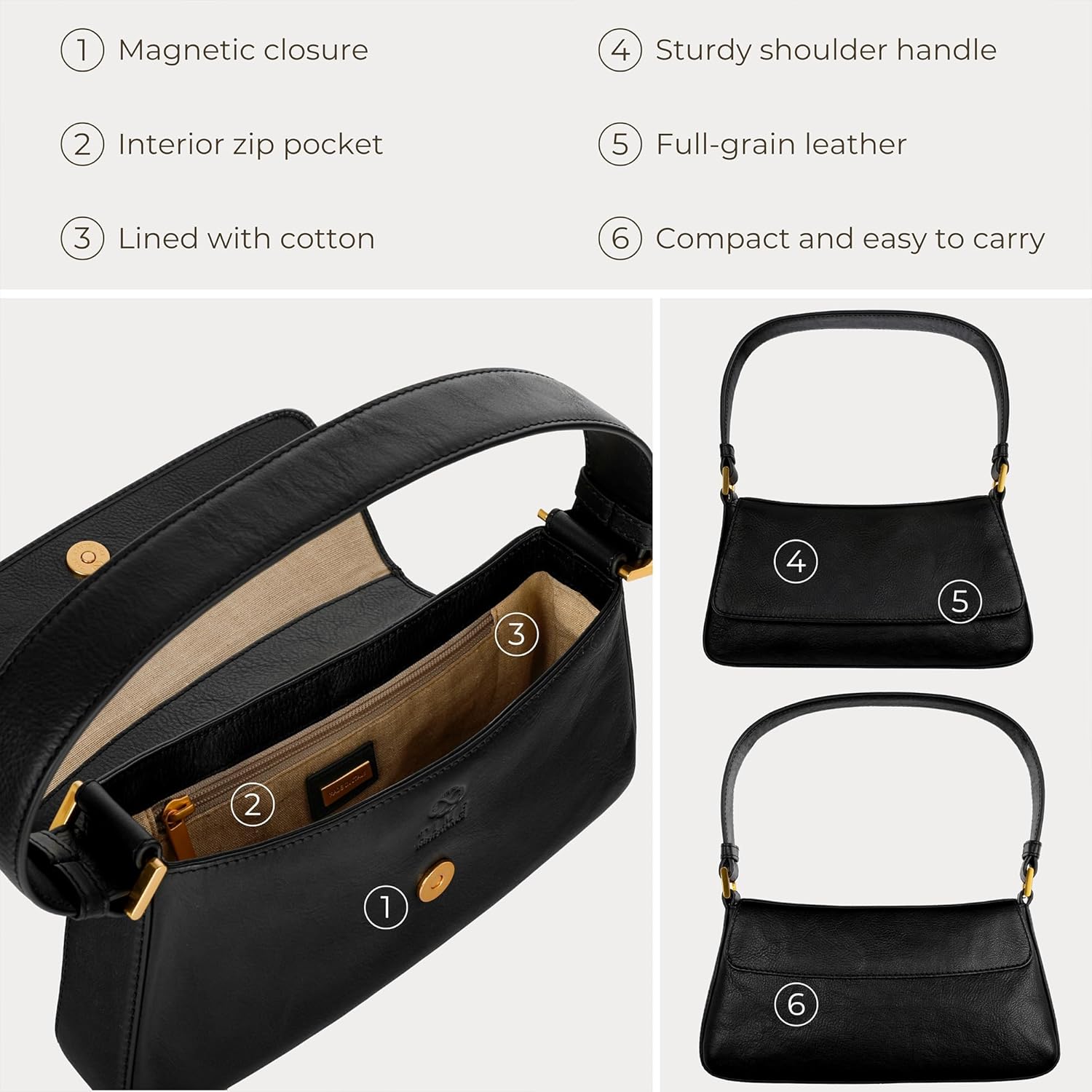 Time Resistance Leather Handbag - Full-Grain Leather Purse for Women - Shoulder Bag Made in Italy - Image 6