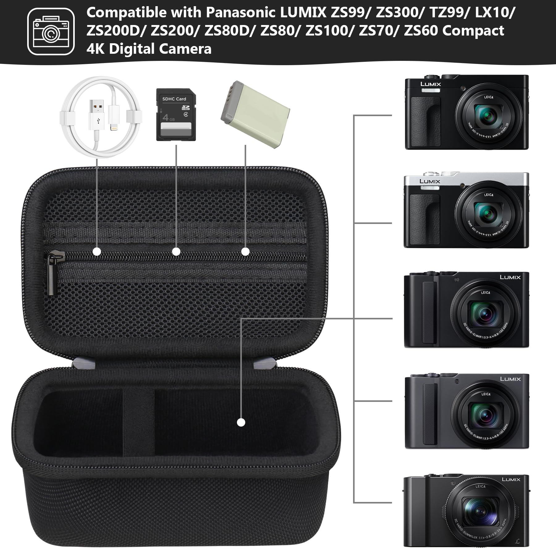 Étui pour Panasonic Lumix TZ99 TZ300 Appareil Photo Compact Zoom Sac de Protection Noir