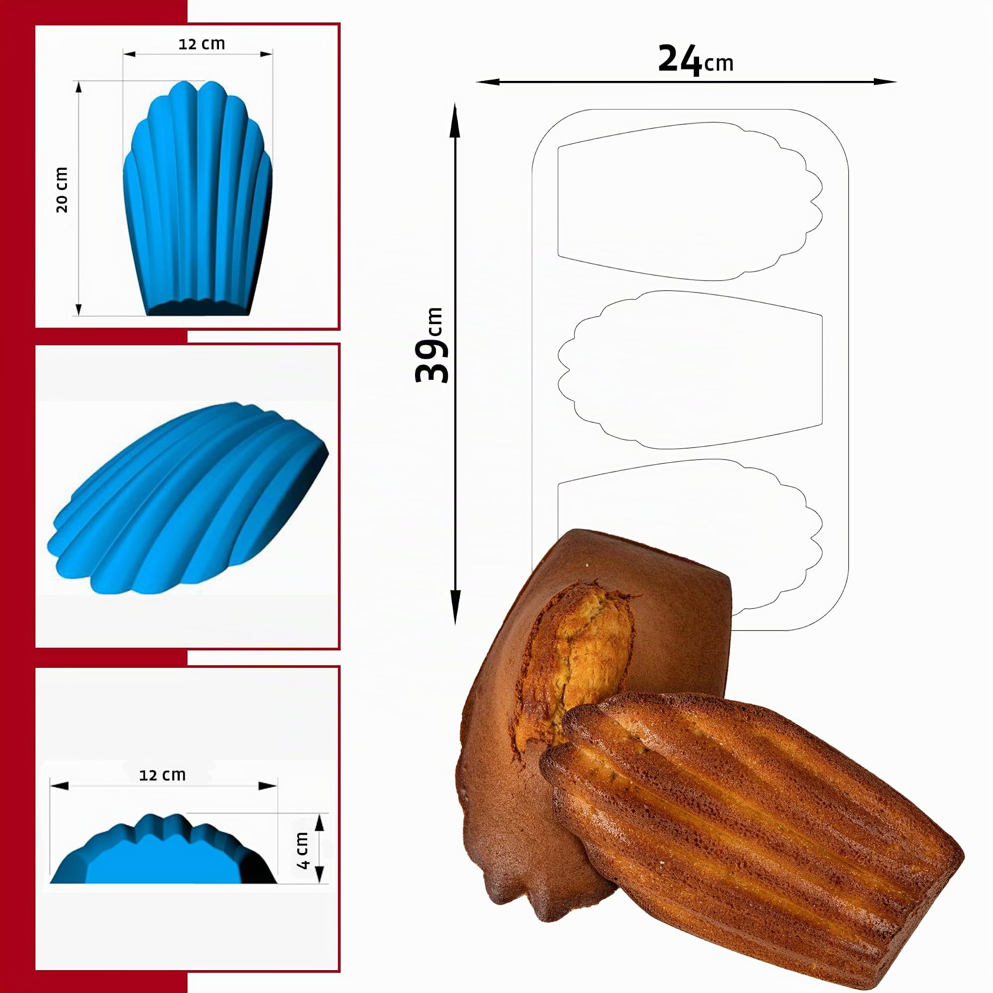Maé - Moule Madeleine Géante 3 Alvéoles - Silicone Alimentaire Premium Anti-Adhérent - Souple, Démoulage Facile et Net - Résistant T° -45°C / +280°C - 430 ml