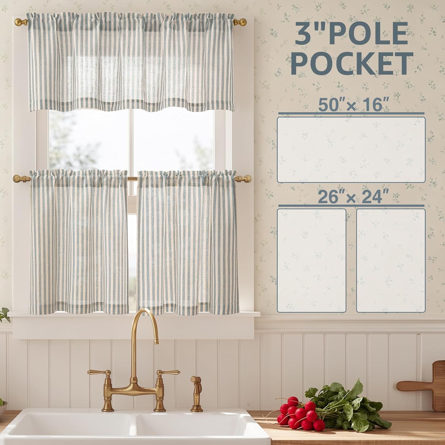 jinchan Kitchen Curtains and Valances Set Striped Tier Curtains Ticking Stripe Linen Curtains Pinstripe Cafe Curtains 24 Inch for Living Room Bathroom Farmhouse 3 Pieces Set Rod Pocket Blue on Beige