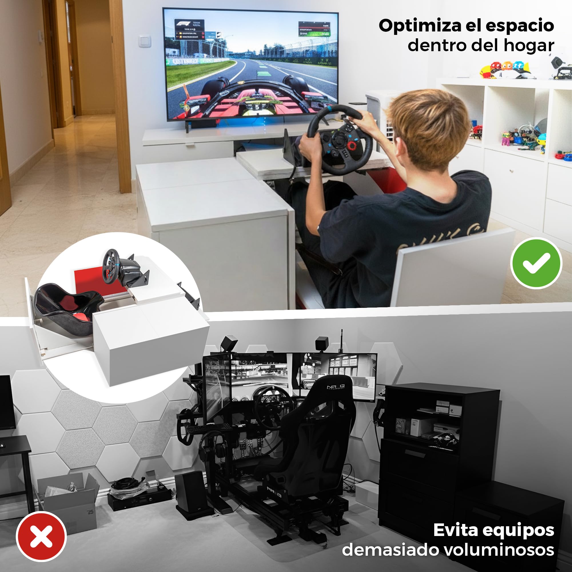 Simulador de Conducción con Volante Force Feedback (2,3NM) y Pedales Integrados en Mesa de Centro Elevable para Salón | Cockpit Gaming Compatible con PS5/PC | 79x79x47,5 cm (Blanco)