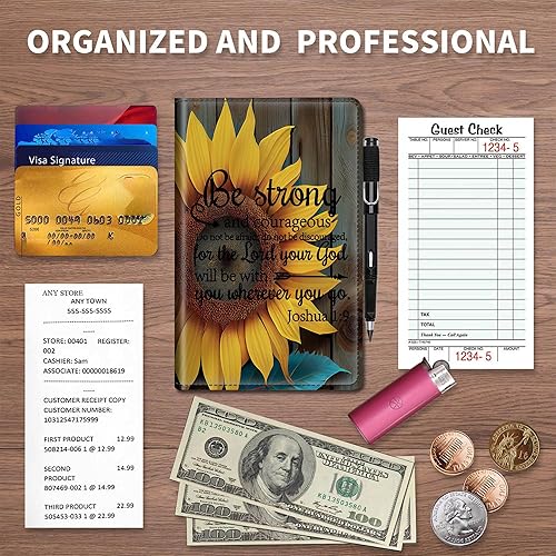 Miniatura 5 de RYUITHDJP Libro de mesera, libros de camarera con bolsillo con cremallera, diseño de cita de girasol, organizador de libros para servir,