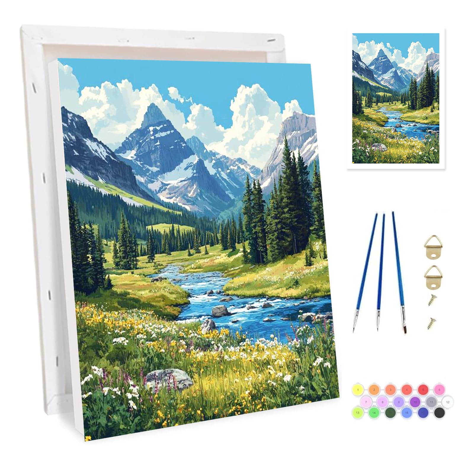 Bowetile Framed Mountain Paint by Numbers for Adults, Landscape Painting by Numbers Kit for Adults Beginners Canvas Kit, DIY Color Oil Painting Acrylic Paints for Home Wall Decor 20x30cm