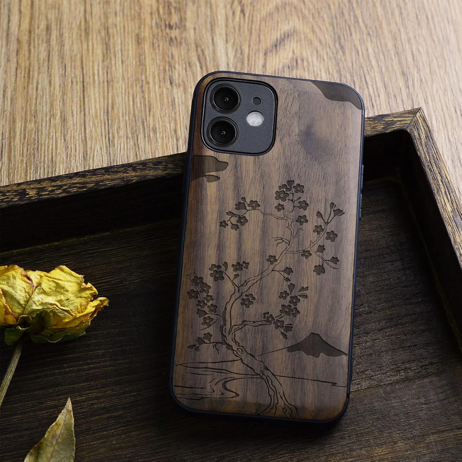 Carveit Magnetic Wood Case for iPhone 12 Case [Natural Wood & Black Soft TPU] Shockproof Protective Cover Wooden Case Compatible with MagSafe (Cherry Blossom with Mount Fuji -Walnut)