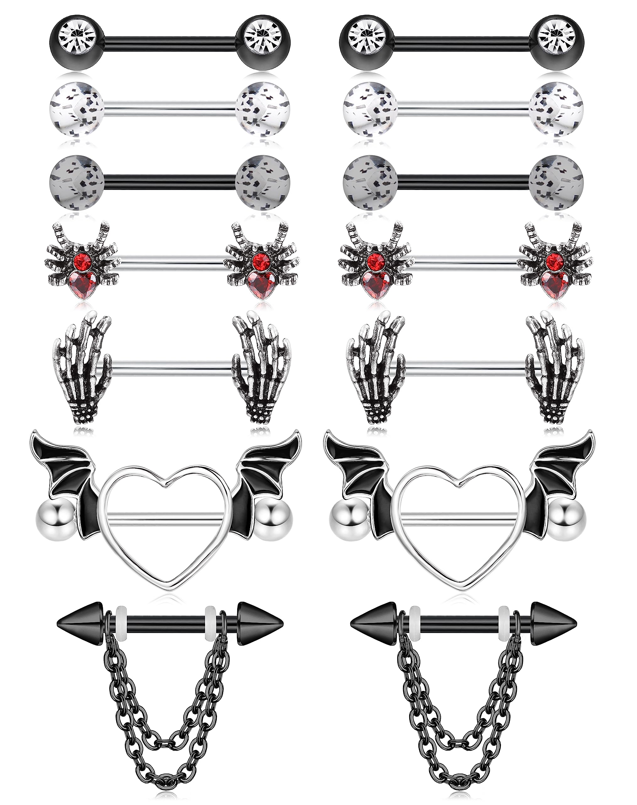 Fansilver 7 Pairs 14G Nipple Rings Surgical Steel Nipple Piercing CZ Heart Butterfly Barbell Tongue Rings Set Cute Nipple Tongue Piercing Jewelry for Women: D. Black Nipple Rings Set