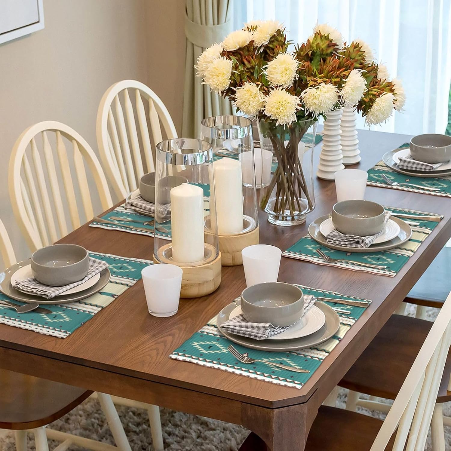 Aztec Washable Place Mats,Ethnic Southwestern Mexican Native Indian Green Placemats Set of 6 Linen Dinner Mats Kitchen Dining Room Party 12"x18"