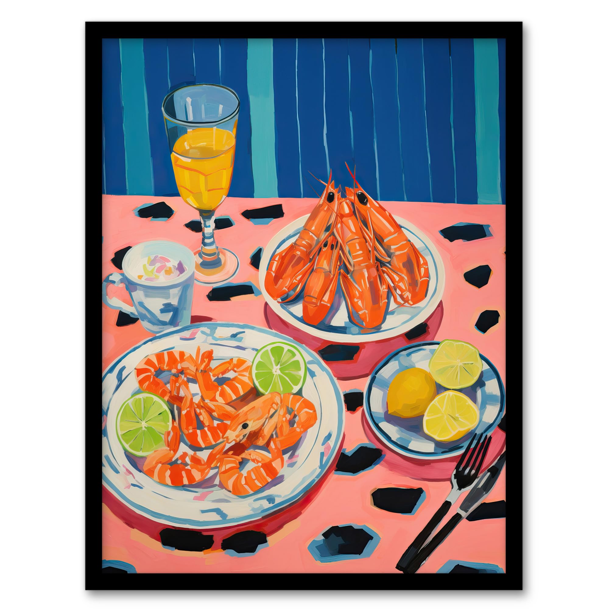 Wee Blue Coo Party Shrimp Oil Painting Yellow Pink Blue Dinner Served on Leopard Print Table Artwork Framed Wall Art Print A4