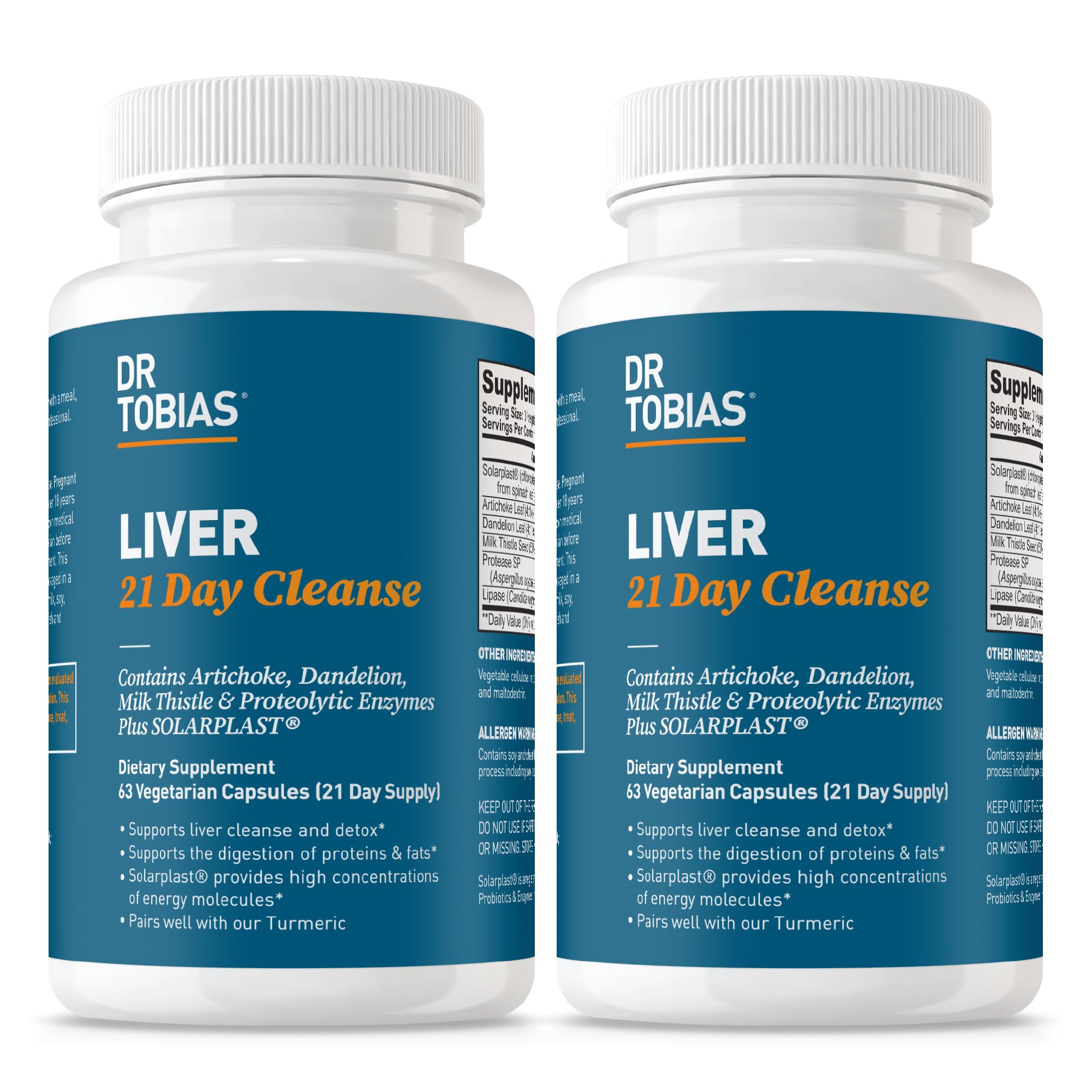 Dr. Tobias Liver 21 Day Cleanse, Herbal Liver Detox Cleanse with Solarplast, Artichoke Extract, Milk Thistle, Dandelion Extract & Digestive Enzymes, 63 Vegetable Capsules, 3 Daily, Pack of 2