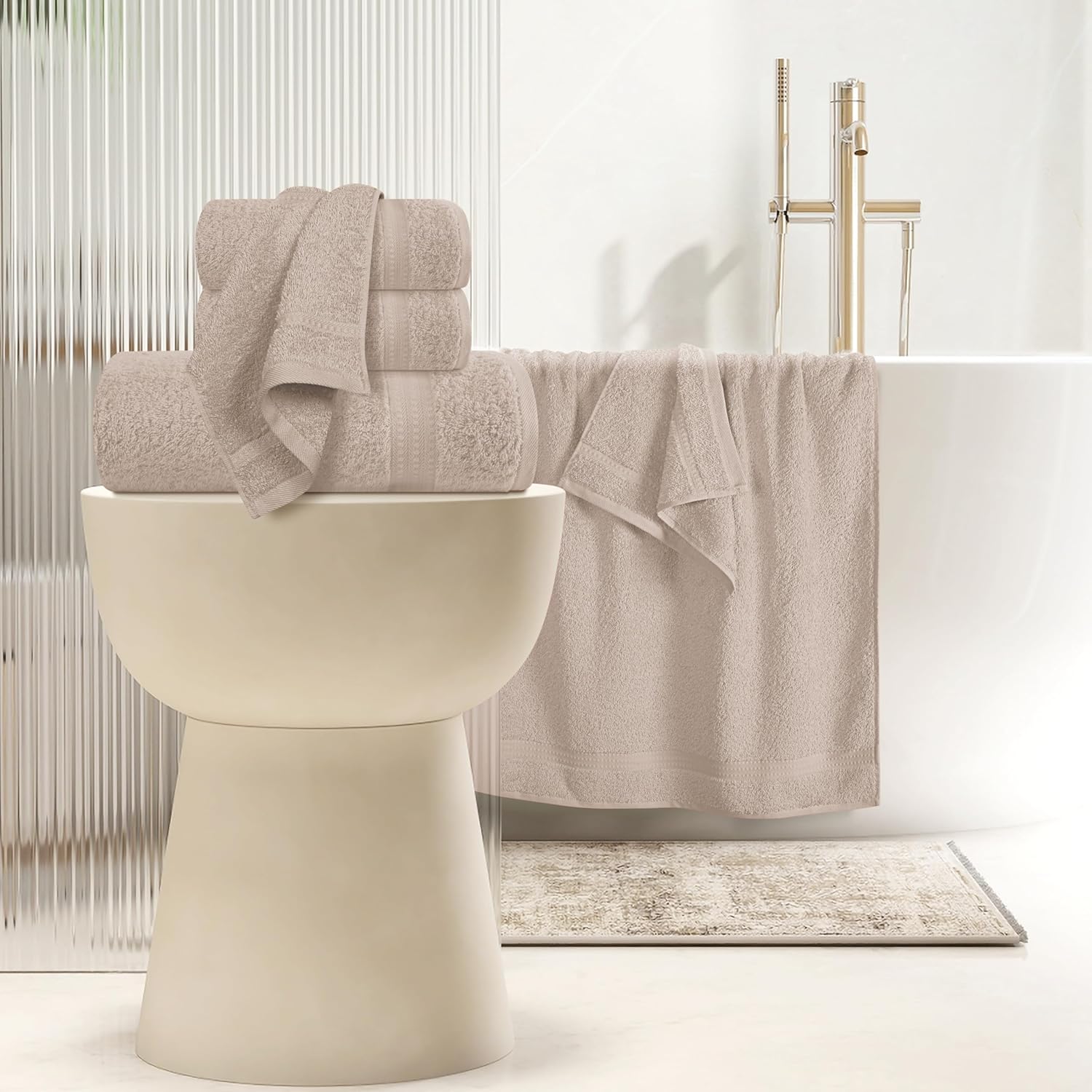 MyOwn 6 Piece Towel Set, 100% Combed Cotton - 2 Bath Towels, 2 Hand Towels, 2 Wash Cloths - 500 GSM Luxury Hotel Quality Ultra Soft Highly Absorbent Towel Set for Bathroom - Tan