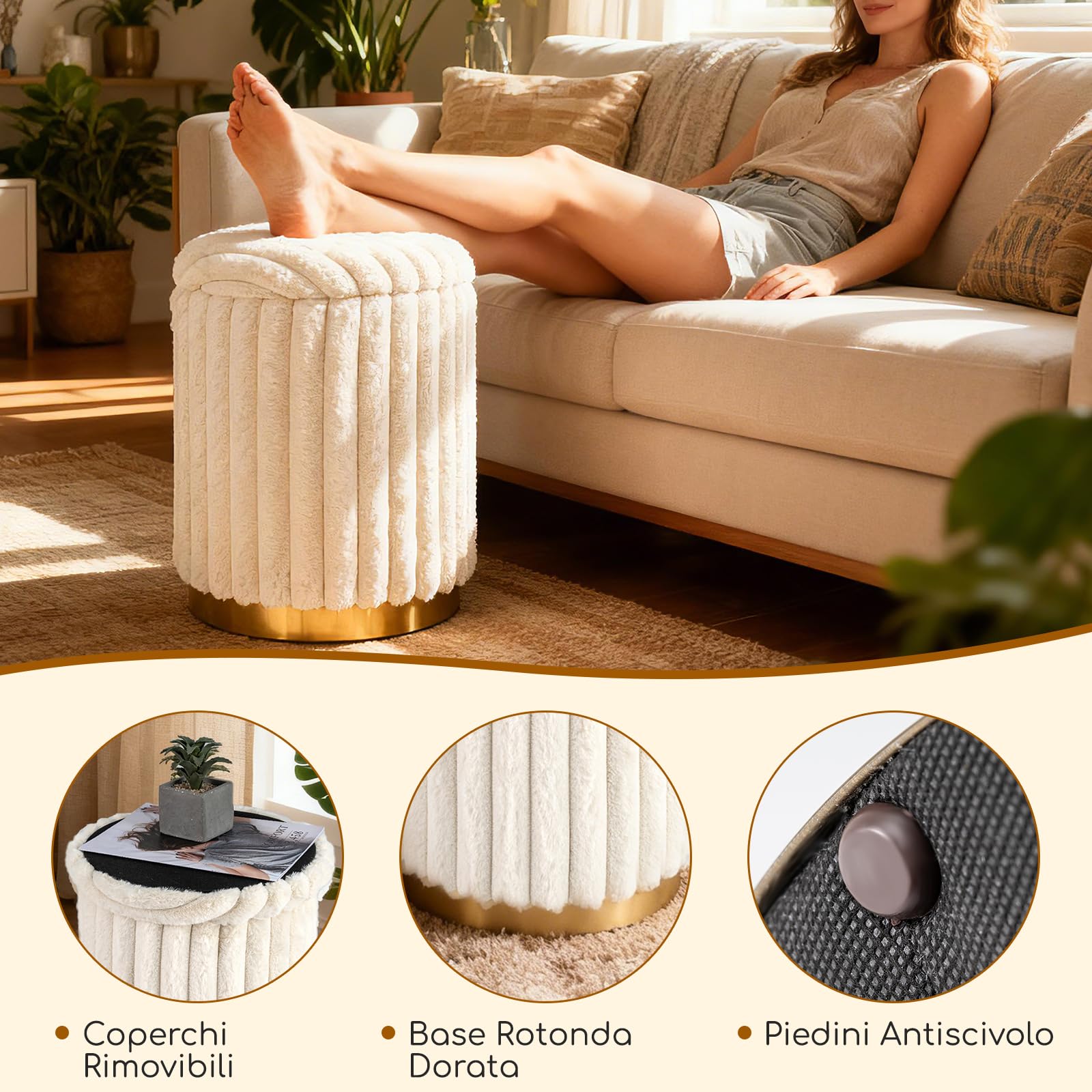 COSTWAY Set di 2 Pouf Contenitori Rotondi, 32L+21L, in Pelo di Coniglio | Sgabelli Contenitori Impilabili con Coperchi Rimovibili e Scomparti Nascosti per Soggiorno e Camera da Letto