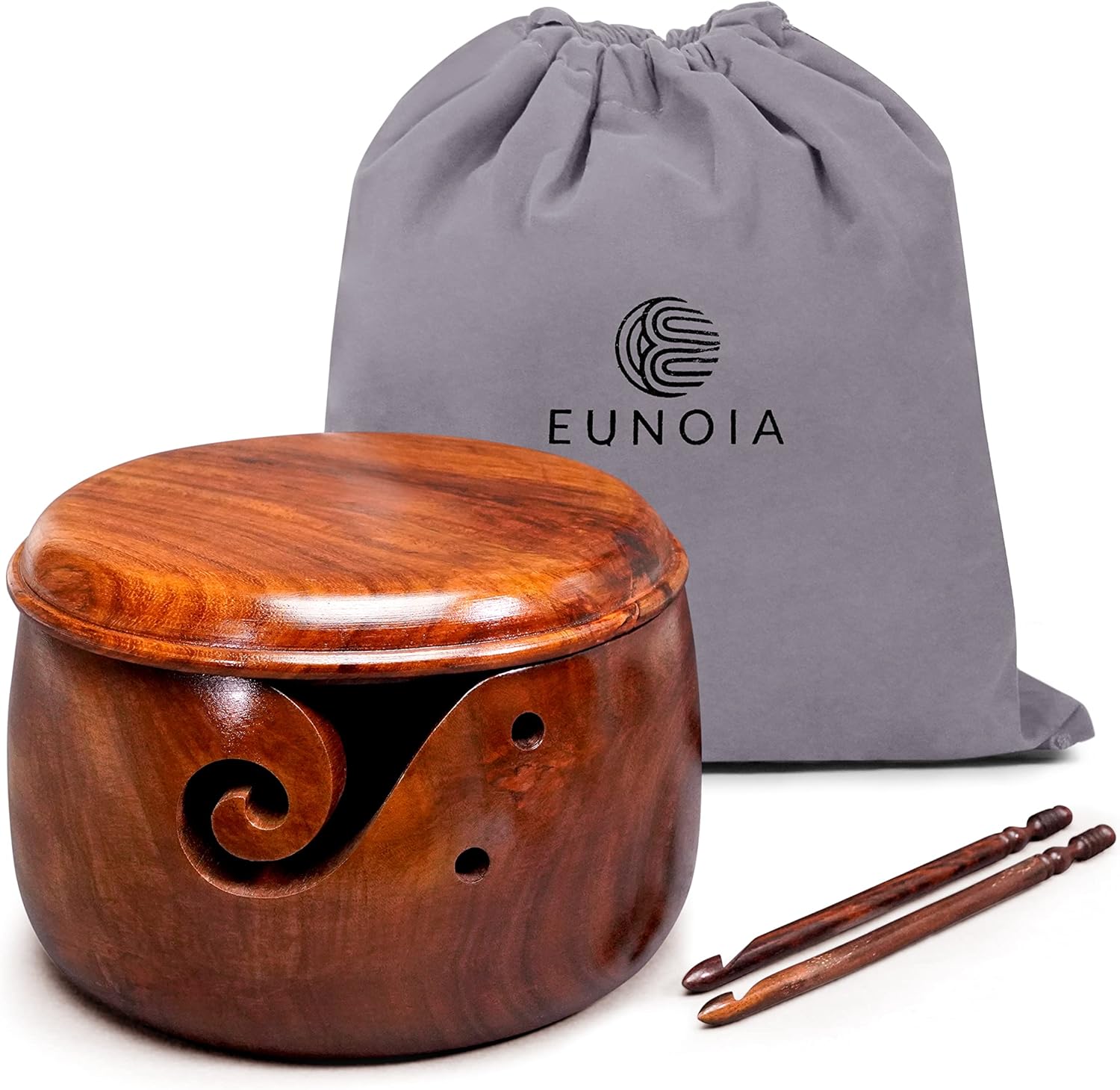 Eunoia Yarn Bowl with Round Lid, 7x5 Inch Handmade Yarn Holder for Crocheting, Decorative Knitting Bowl for Knitters with Wooden Crochet Hook and Travel Bag