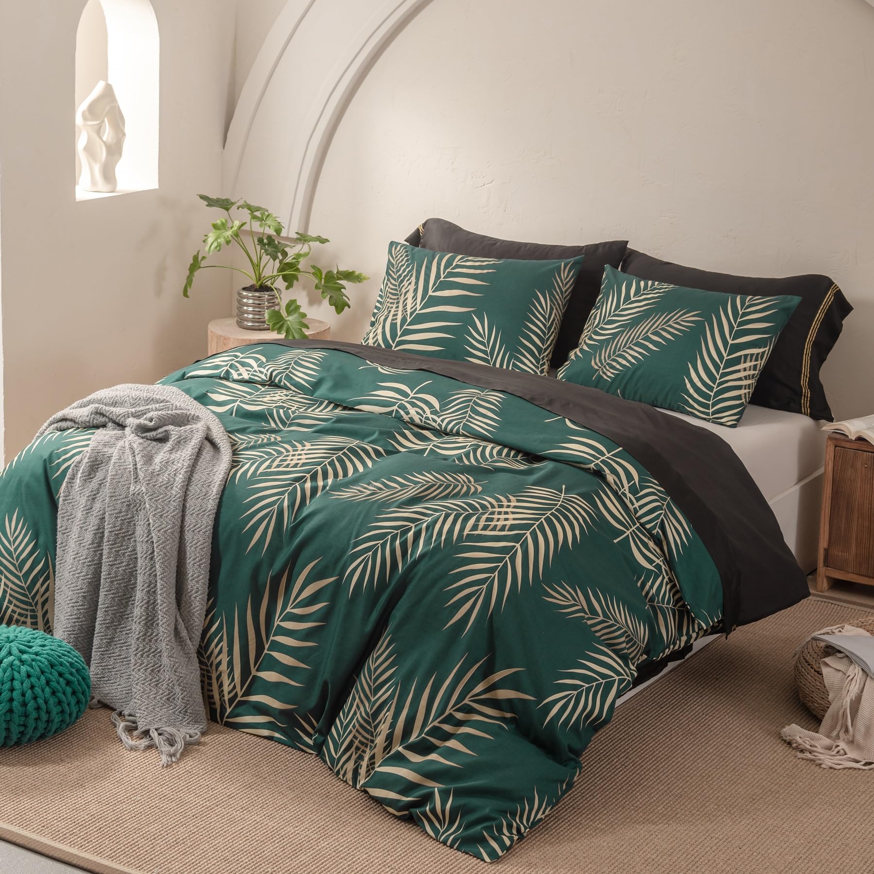 Copripiumino 240 x 260 foglie di palma tropicali, motivo oro verde, set di morbido microfibra, letto matrimoniale e biancheria da letto matrimoniale, con cerniera con federe, 65 x 65 cm