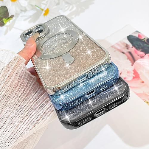 Vista 412 de Fiyart - Funda transparente magnética con purpurina para iPhone 12 para mujeres, con grabado "Love" metálico, protección para cámara y antigolpes
