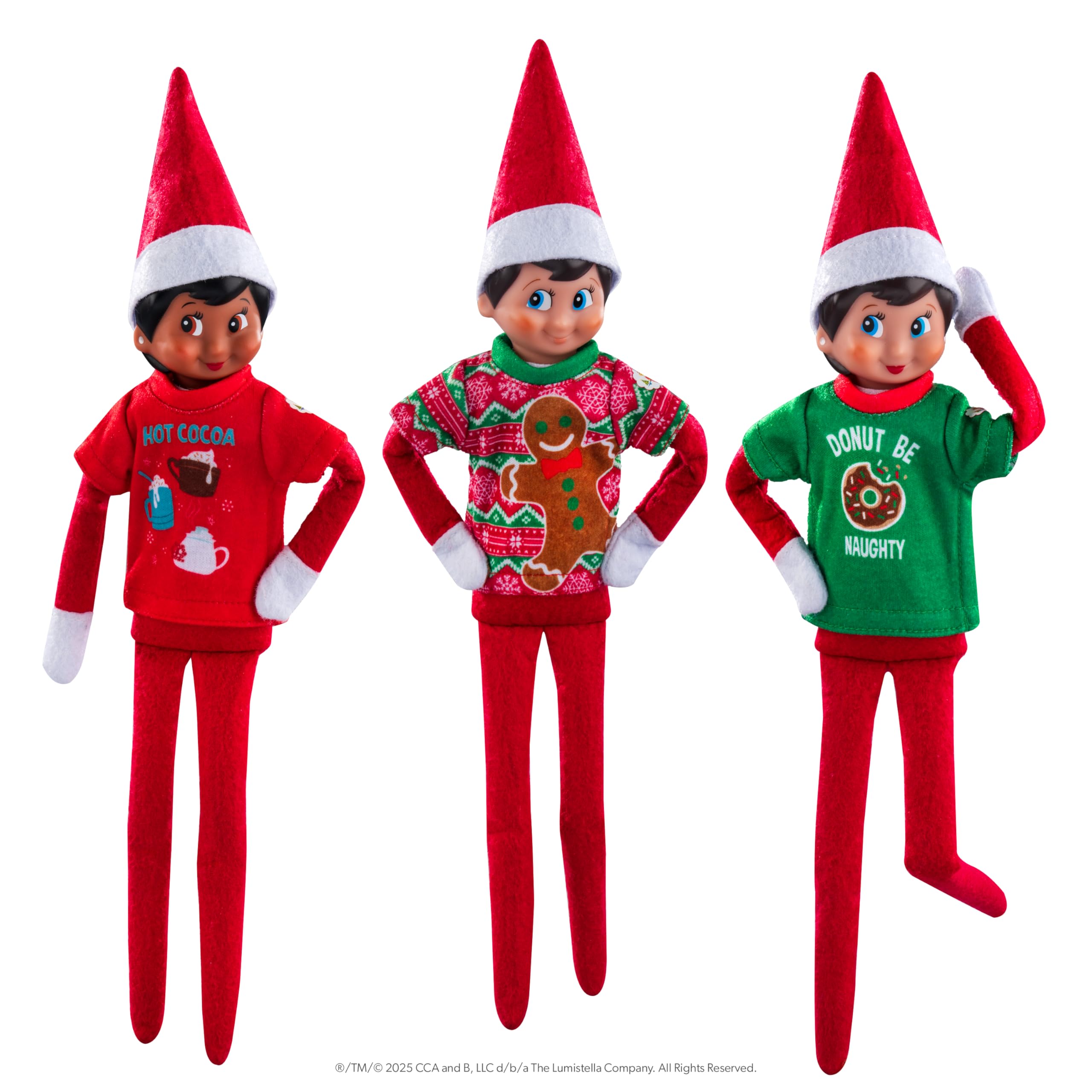 The Elf on the Shelf Claus Couture Collection - Juego de 3 Camisetas de tamaño Elfo con diseños de Pan de Jengibre, Cacao Caliente y Dona, Elfo Explorador no Incluido