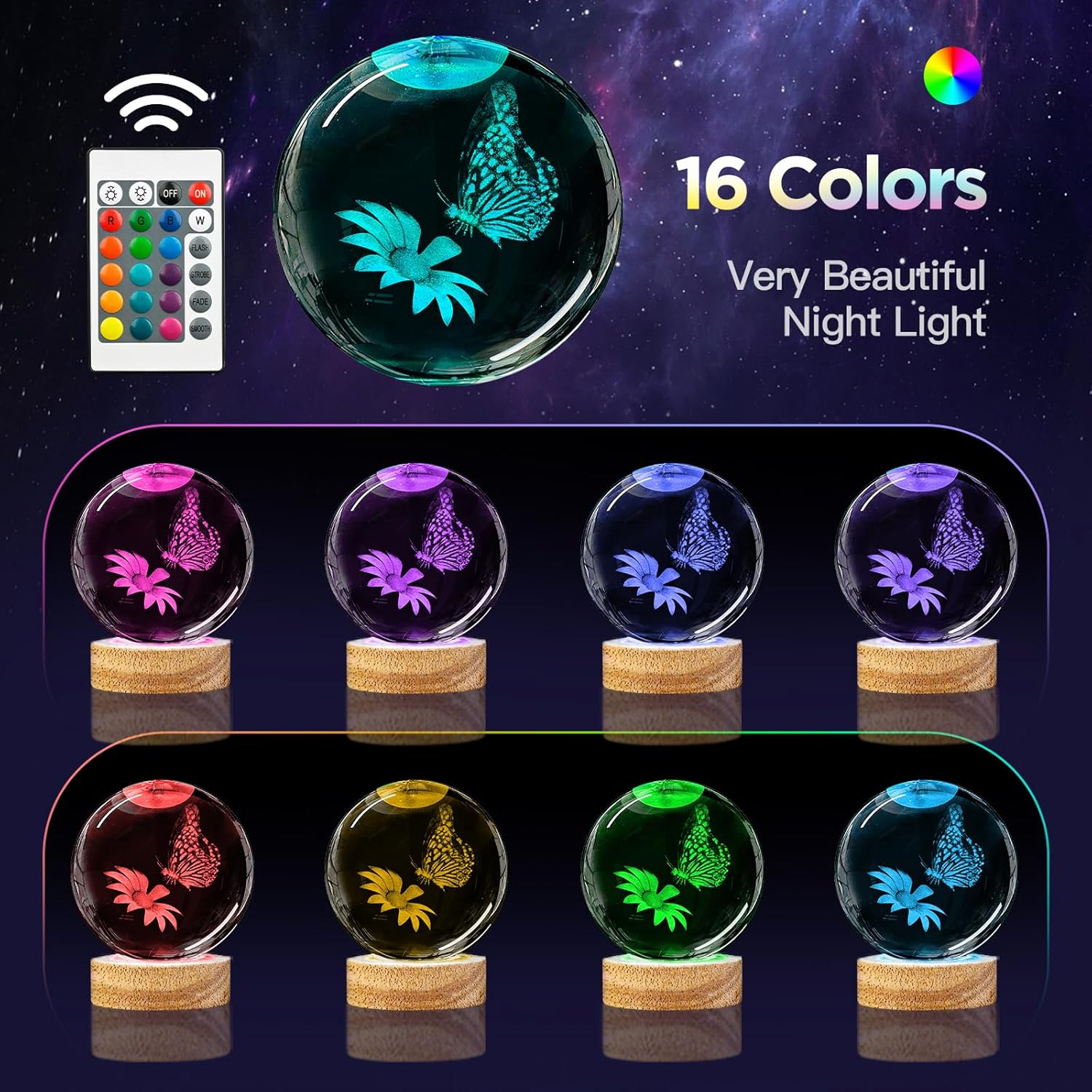 3D Crystal Ball Night Light with Wooden Base, 3.15" Butterfly & Flower Figurine Glass Lamp with 16 Colors, Cute Desk Decor for Bedroom Gifts - Image 2