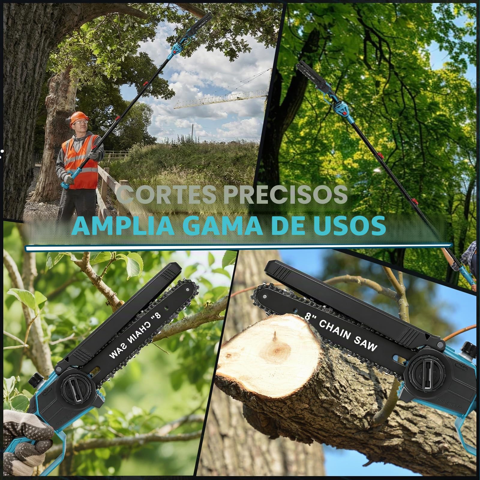 Motosierra de Ramas Inalámbrica de alto contacto Profesional compatible con Makita 18V, Sierra de ramas sin escobillas de 8 pulgadas con Mango Telescópico y altura de trabajo Telescópica (Sin batería)