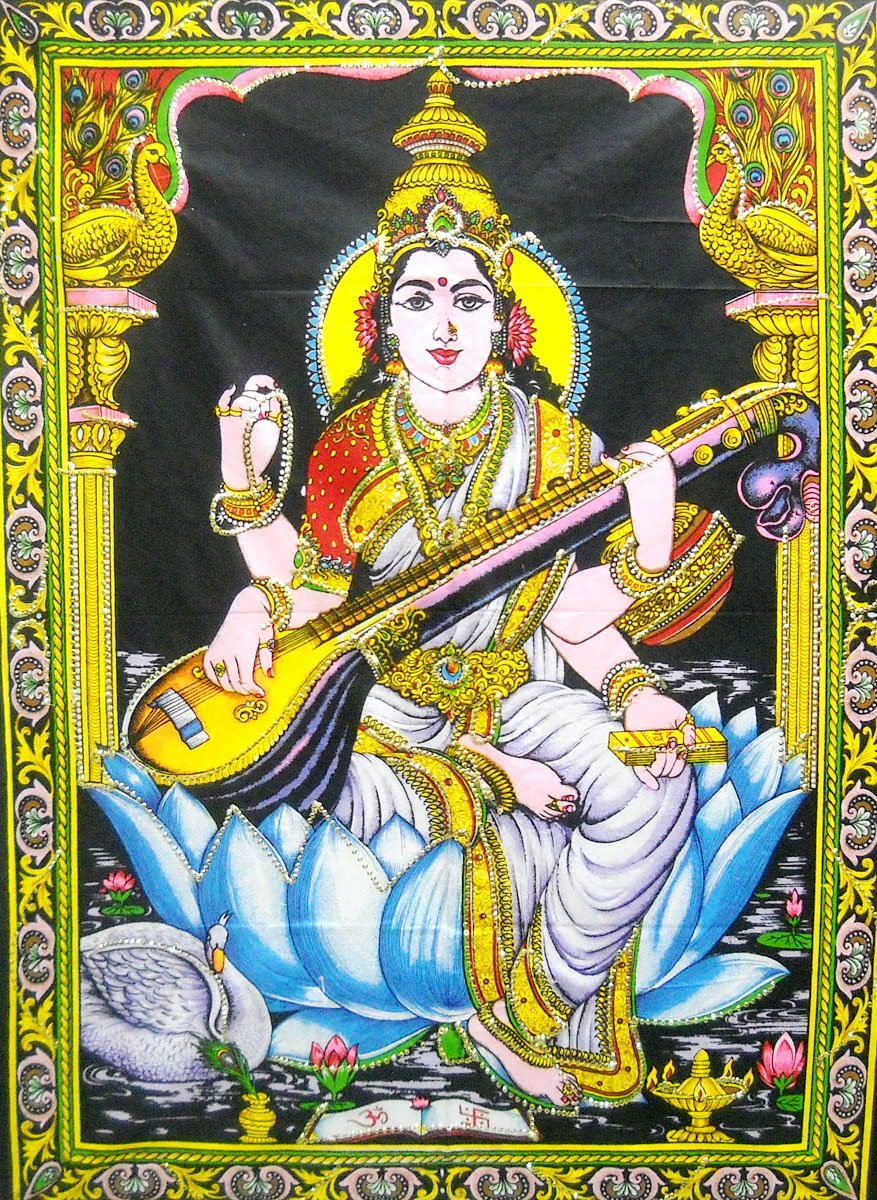 Crafts of India Saraswati Playing Veena Batik Cotton Wall Painting 40" X 30"