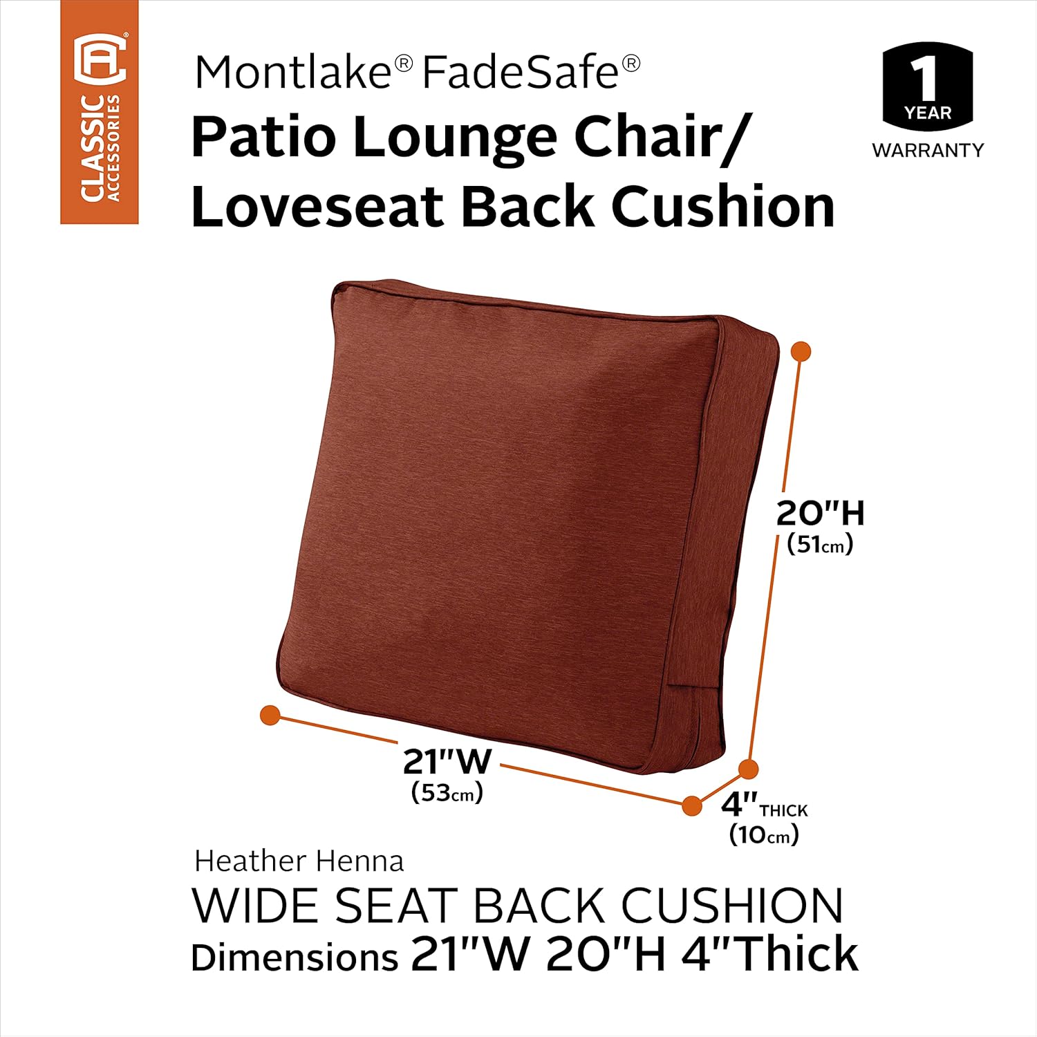 Classic Accessories Montlake FadeSafe FadeSafe Patio Lounge Chair/Loveseat Back Cushion, 21 x 20 x 4 Inch, Heather Henna