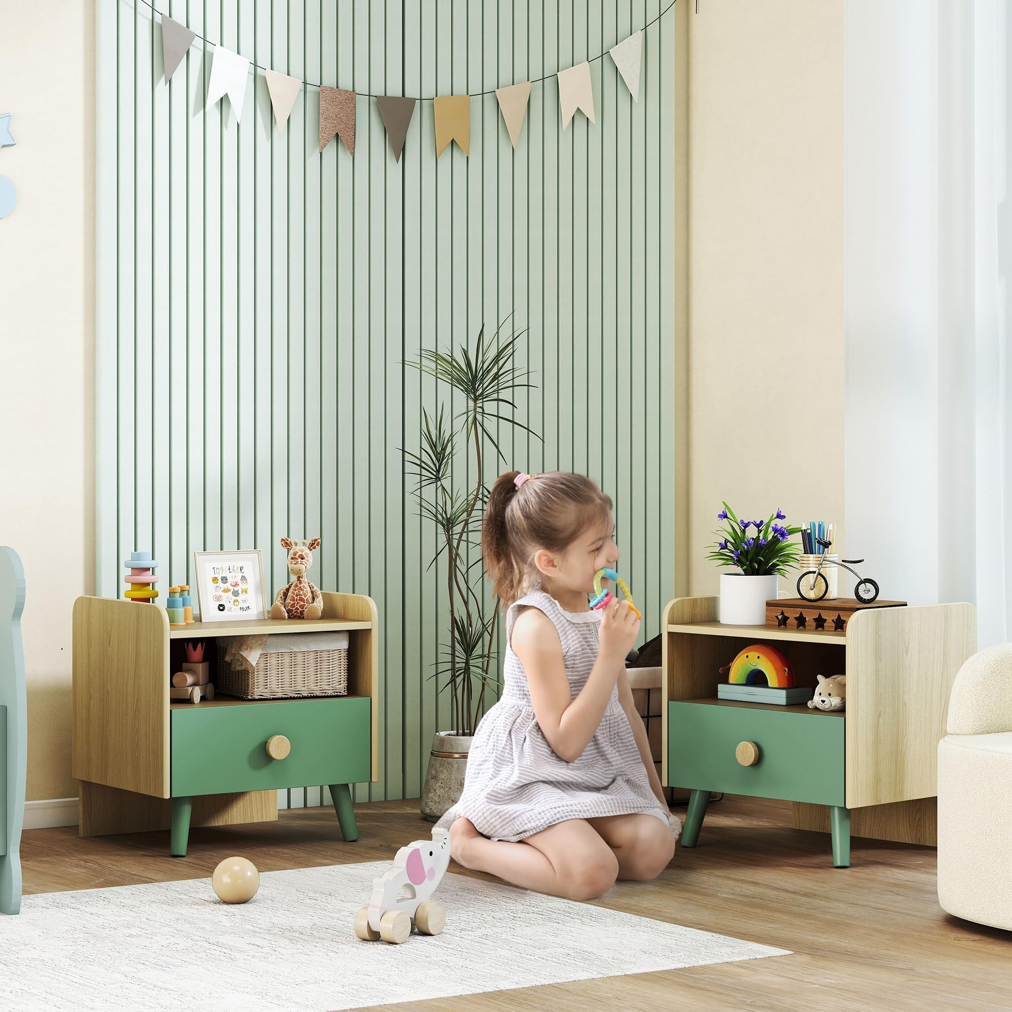 AIYAPLAY Lot de 2 Tables de Chevet Enfant, Tables de Nuit Enfant avec tiroir et Niche, Petite Table d'appoint en Bois pour Chambre d'enfant, 40L x 32,5l x 40H cm, Vert