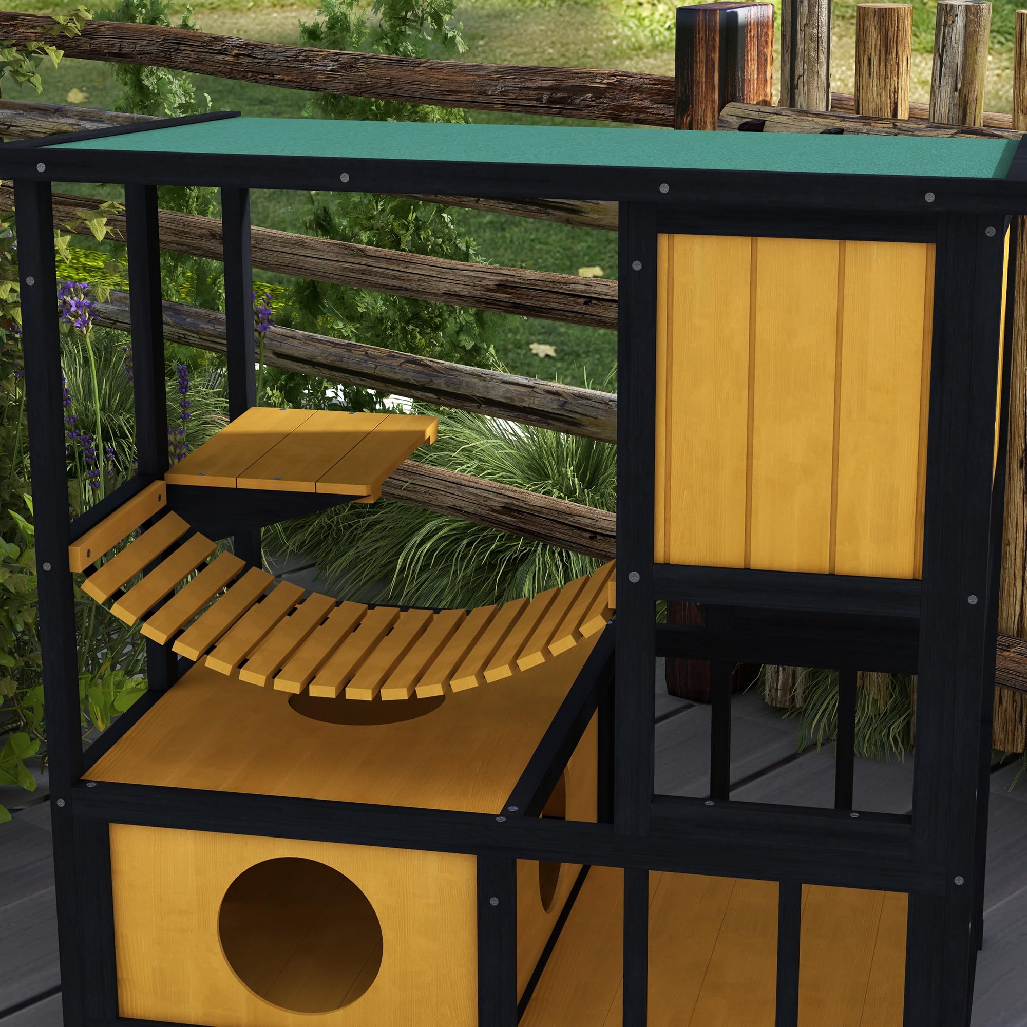 PawHut Katzenhaus aus Holz Wetterfest für 1-2 Katzen 84,5x60x88 cm Gelb | Katzenhöhle für Draußen, Katzenhütte mit Asphaltdach, Hängebrücke, Balkon, Plattform, Schutzhütte, bis 5 kg