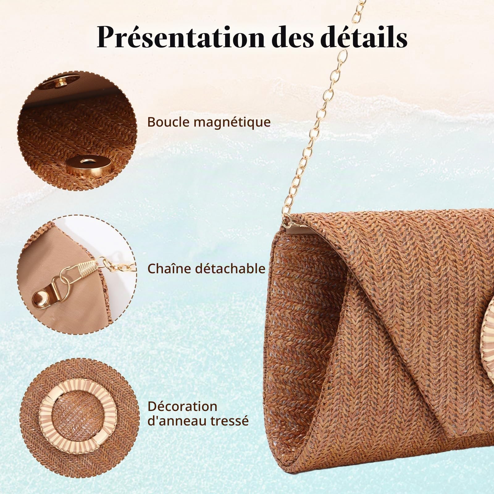 BWBIKE Sac à Main Pochette Tissé en Raphia pour Femme - Élégant Sac à Bandoulière en Paille pour l’été, la Plage, les Mariages et les Fêtes Formelles, Sac à Main Enveloppe Avec Chaîne Amovible