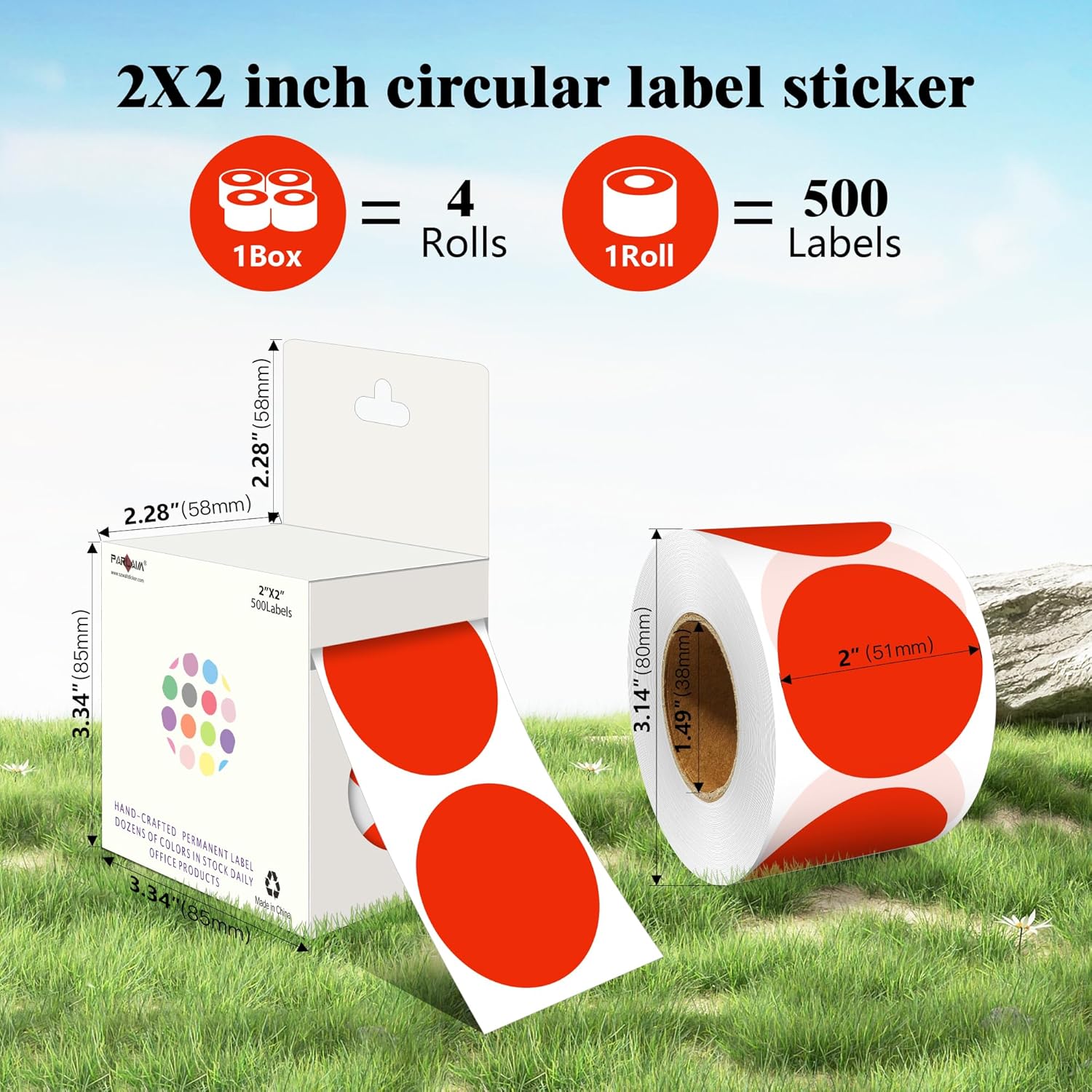 PARLAIM 2 Inch Round Adhesive Color-Code Dot Stickers,4Rolls/2000 per Rolls dots Label Dispenser Box, Circle Stickers Label Inch Coding Labels (Red)