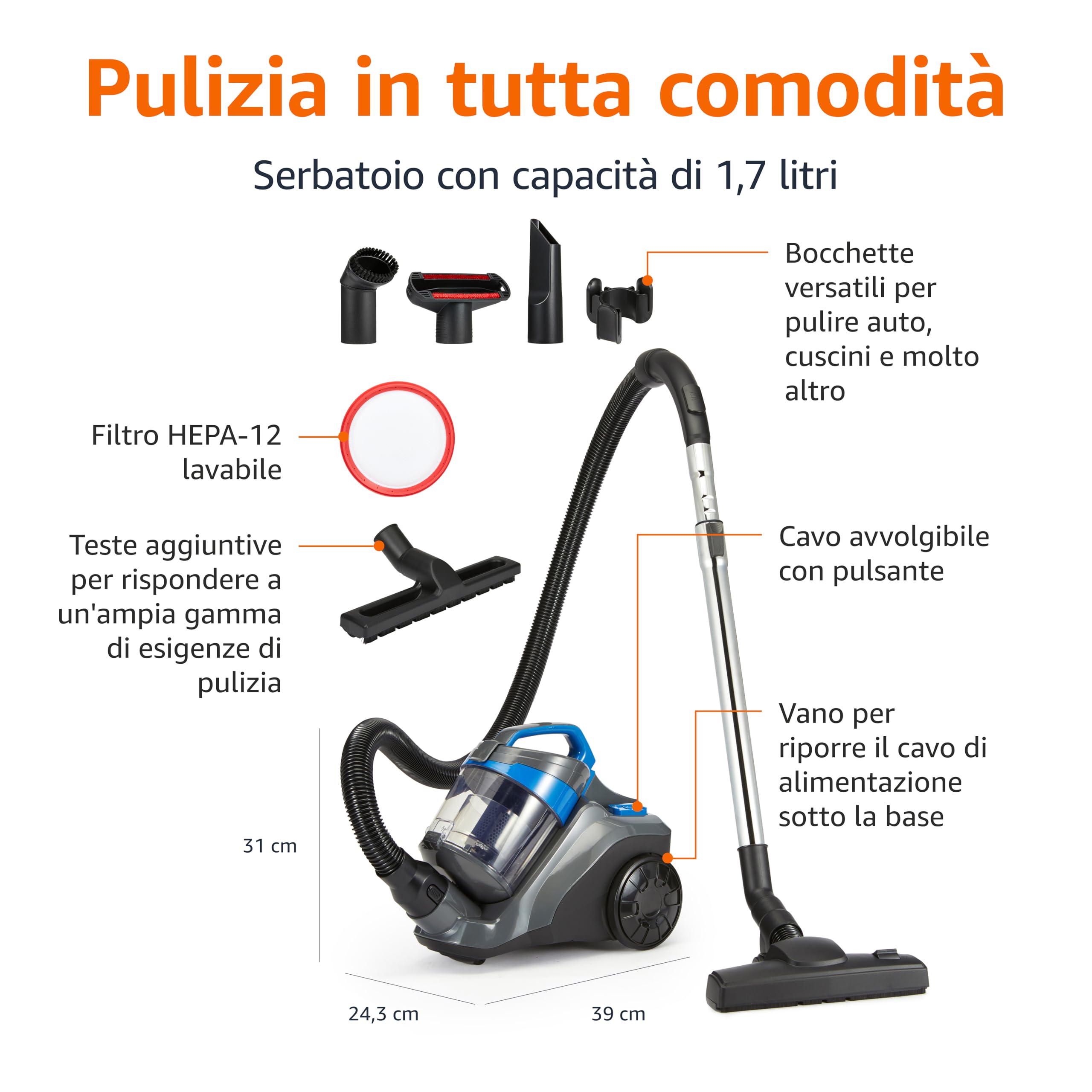 Amazon Basics Aspirapolvere a Traino senza Sacco, 850W, Filtro HEPA, Capacità 1.7L, Compatto e Leggero, con Spazzola Tripla Azione per Tappeti e Pavimenti Duri, Nero e Blu
