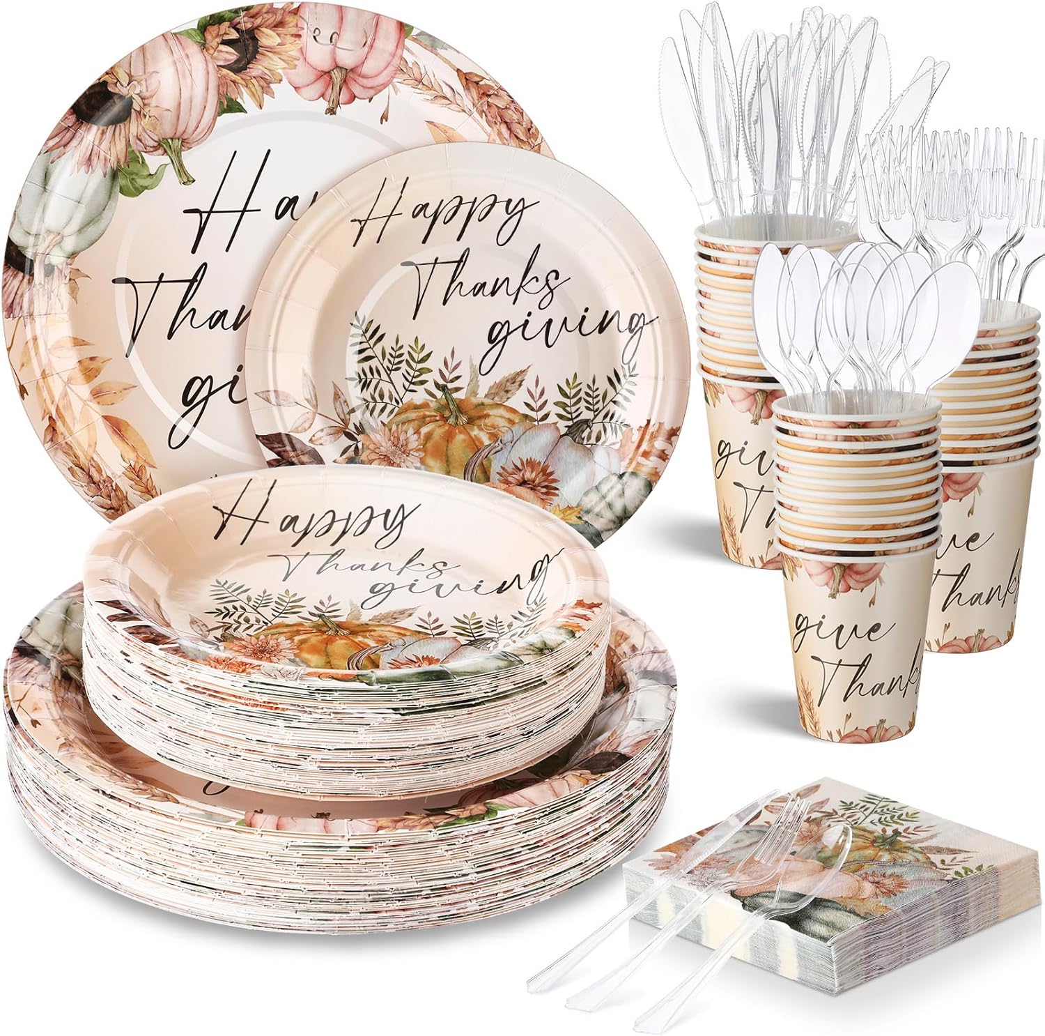 Sliner 350 Pcs Thanksgiving Oval Paper Plates and Napkins Sets Disposable Tableware Set 100 Paper Plate 50 Cup Napkin Knives Fork Spoon Thanksgiving Party Supplies Dinnerware Classic Table Decorations