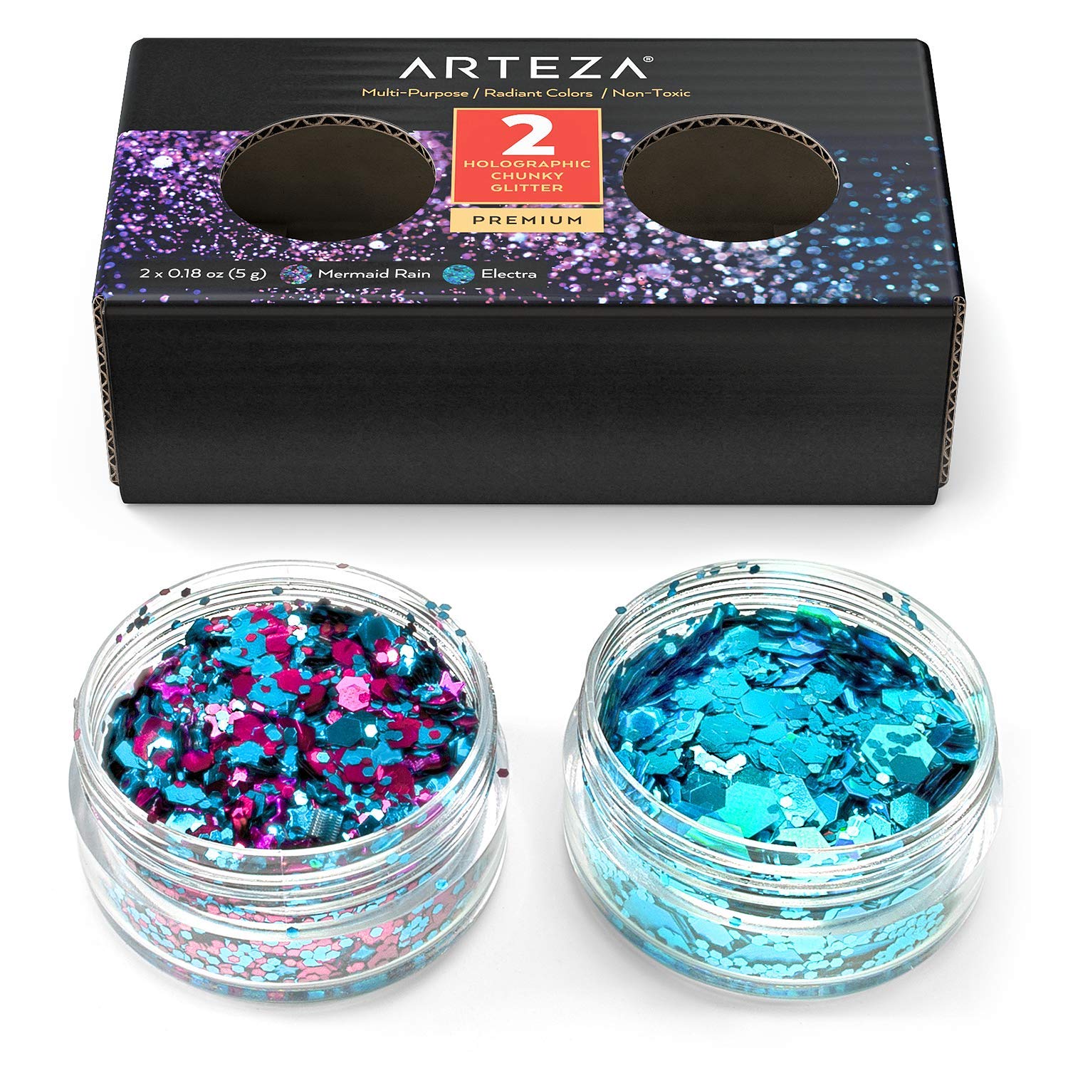 Arteza Chunky Glitter, Set of 2 Colors, 5 g Jars, Holographic Glitter in Mermaid Rain and Electra Tones, Art Supplies for DIY Craft Projects