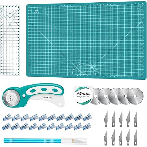 Rotary Cutter Set - Quilting Kit incl. 45mm Fabric Cutter, 5 Replacement Blades, A1 Cutting Mat, Acrylic Quilting Ruler and Sewing Clips, Craft Knife Set, Ideal for Crafting, Sewing, Patchworking