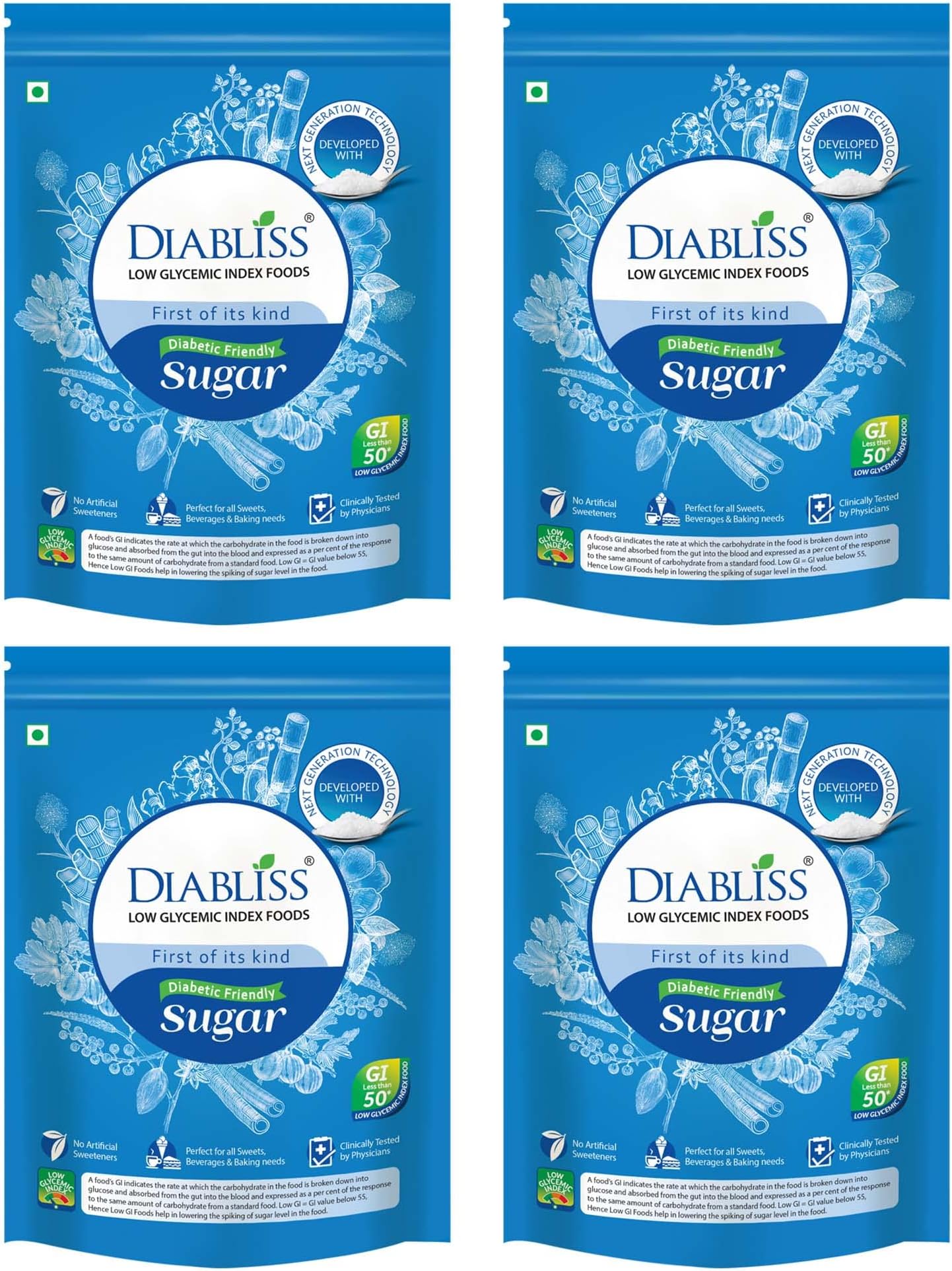Diabliss Diabetic Friendly Herbal Cane Sugar - Free from Chemical Artificial Sweeteners - Natural Substitute Without Side Effects - Very Safe - Low Glycemic Index (GI) (500 g (Pack of 4))