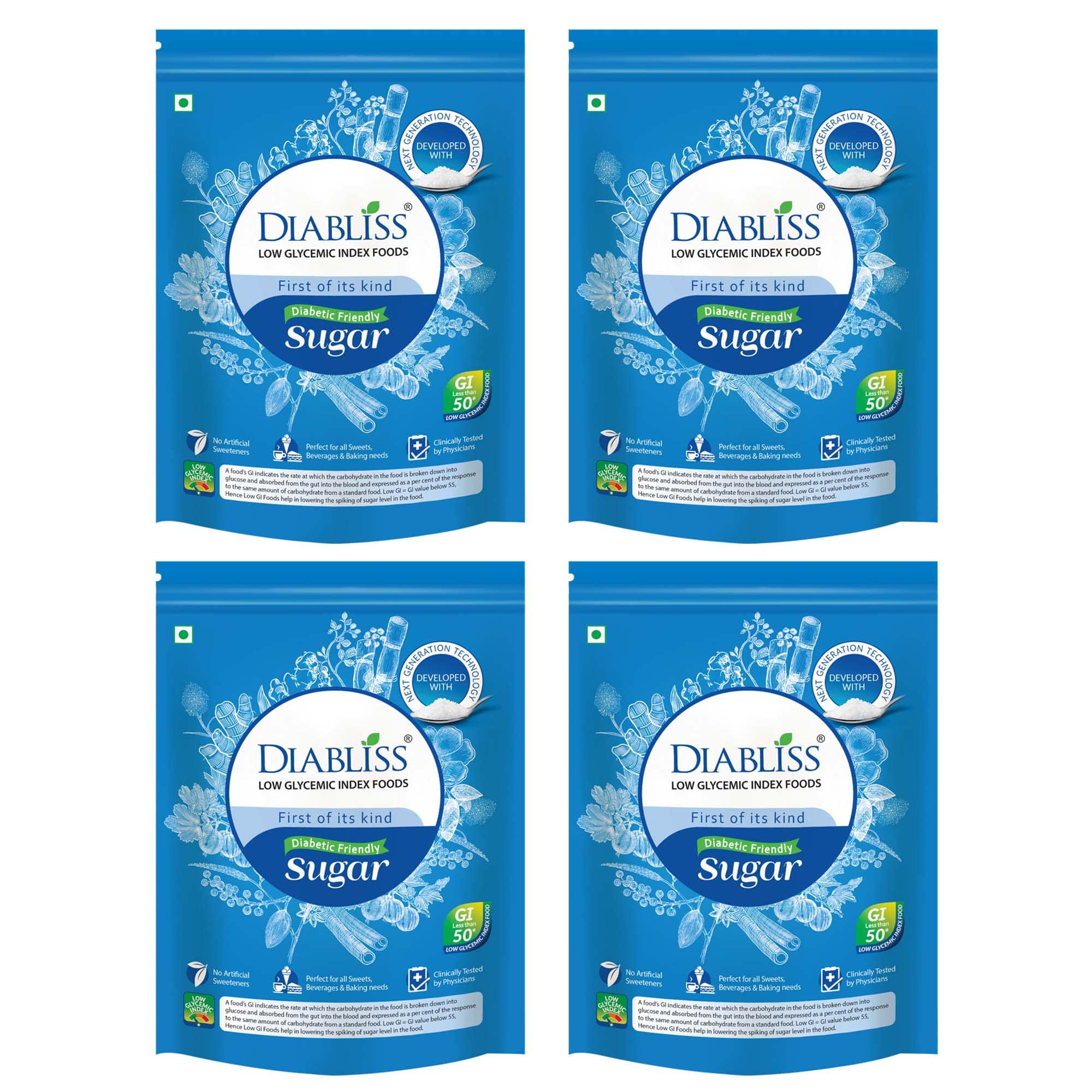 Diabliss Diabetic Friendly Herbal Cane Sugar - Free from Chemical Artificial Sweeteners - Natural Substitute Without Side Effects - Very Safe - Low Glycemic Index (GI) (500 g (Pack of 4))