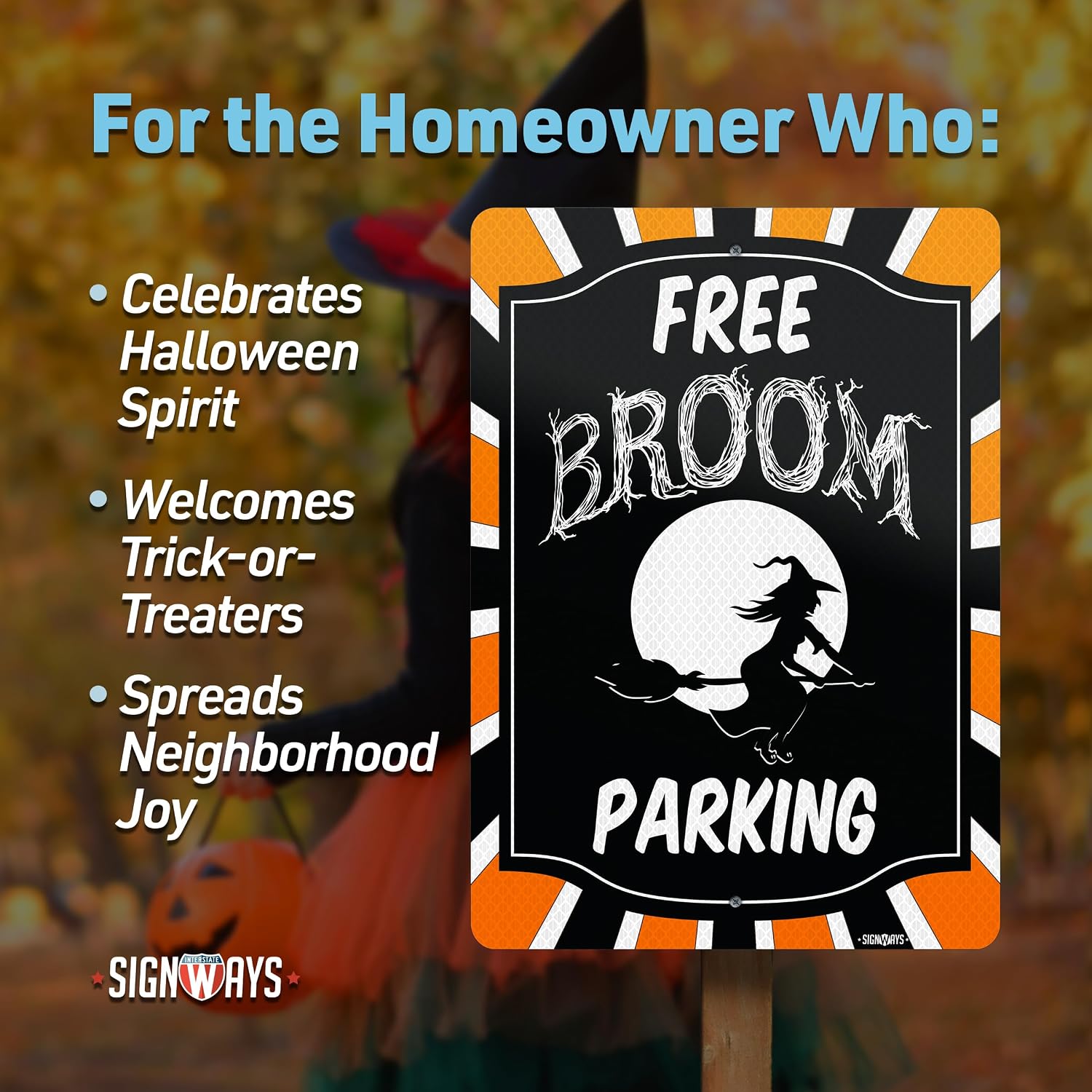 Witches Broom Halloween Decor, Free Broom Parking Sign for Outdoor Porch Yard or Driveway | 3M Quality Aluminum Reflective (Black Orange White) 10X14” | Made in USA SignWays