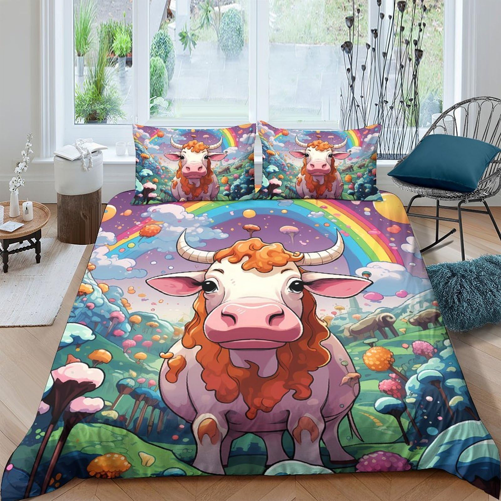 Ctjqhvkz Style-8 3D Printed Rainbow Cow Fitted Sheet Microfiber Colourful Pastoral Bed Cover For Bedroom Dorm Mattress Protection Single（135X200cm）