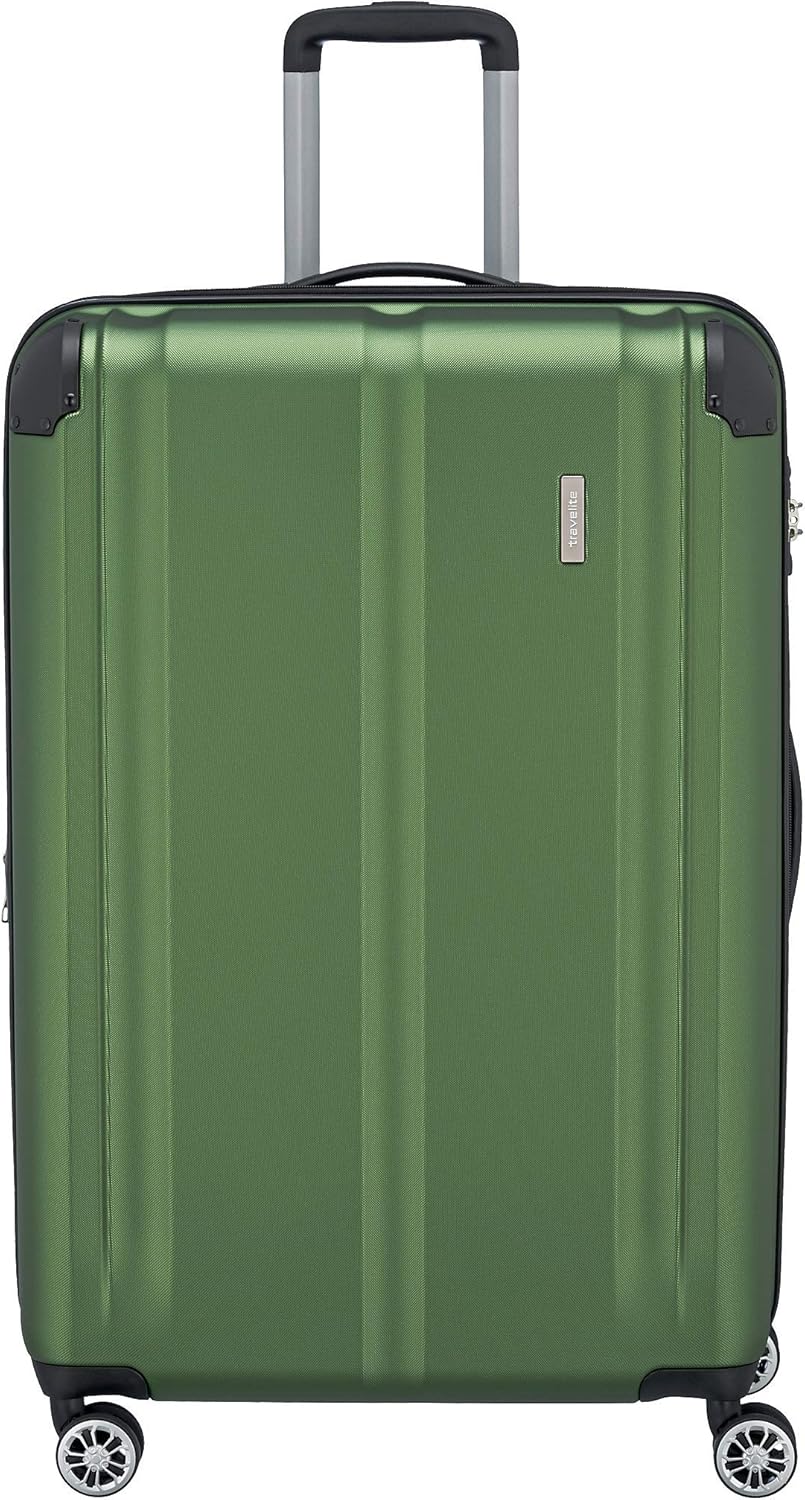 travelite Hardshell case Large, Expandable, 4 Wheels, City, Trolley with Scratch-Resistant Surface, TSA Lock, Stretch fold, 77 cm, 113-124 liters, Green (Grün), 77 centimeters, Hand Luggage