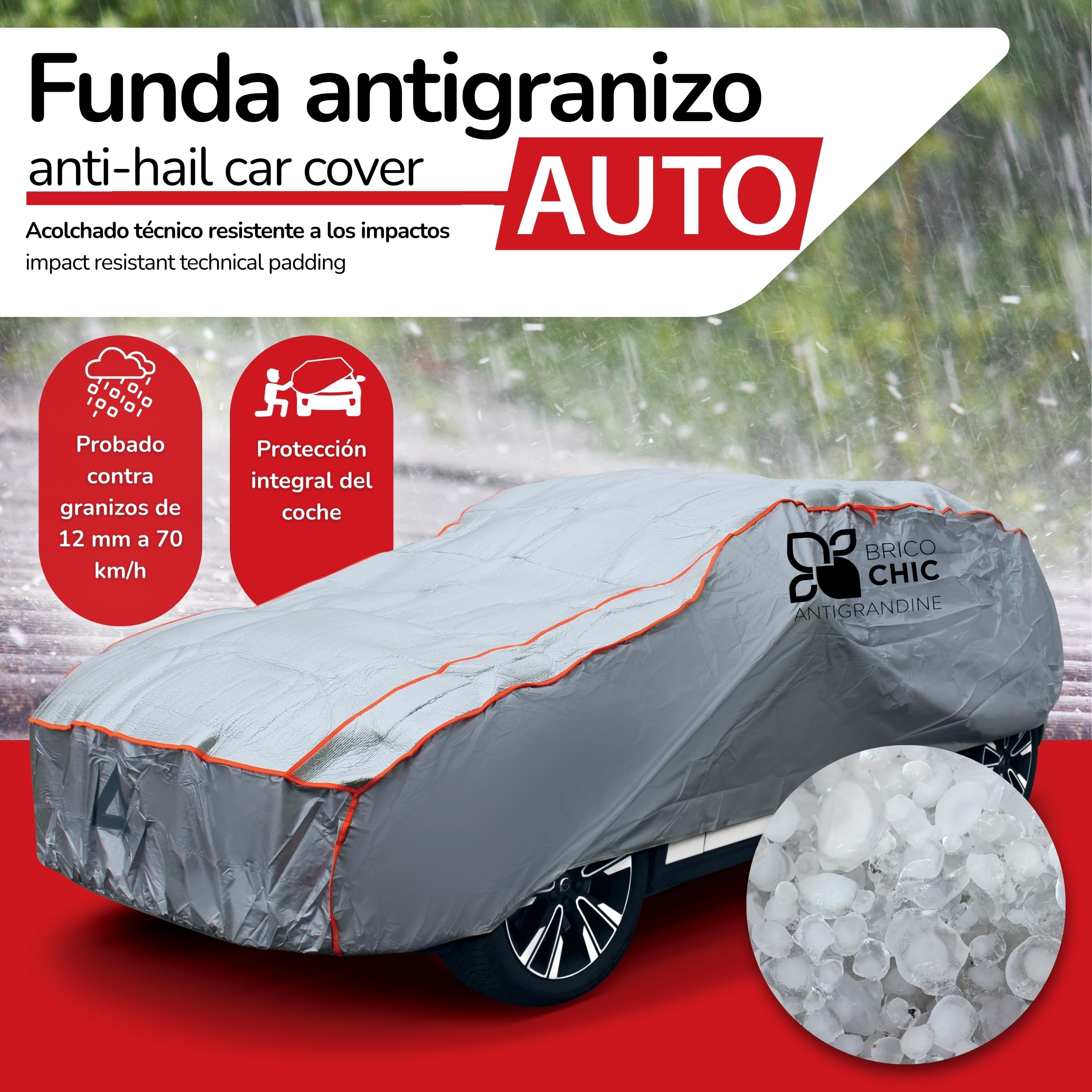 Brico Chic Funda antigranizo para Coche, 480 x 178 x 119 cm, Funda Protectora para Coche y SUV, Anti Granizo, Anti UV, Impermeable, Resistente, Exterior, 4 Estaciones, Talla L